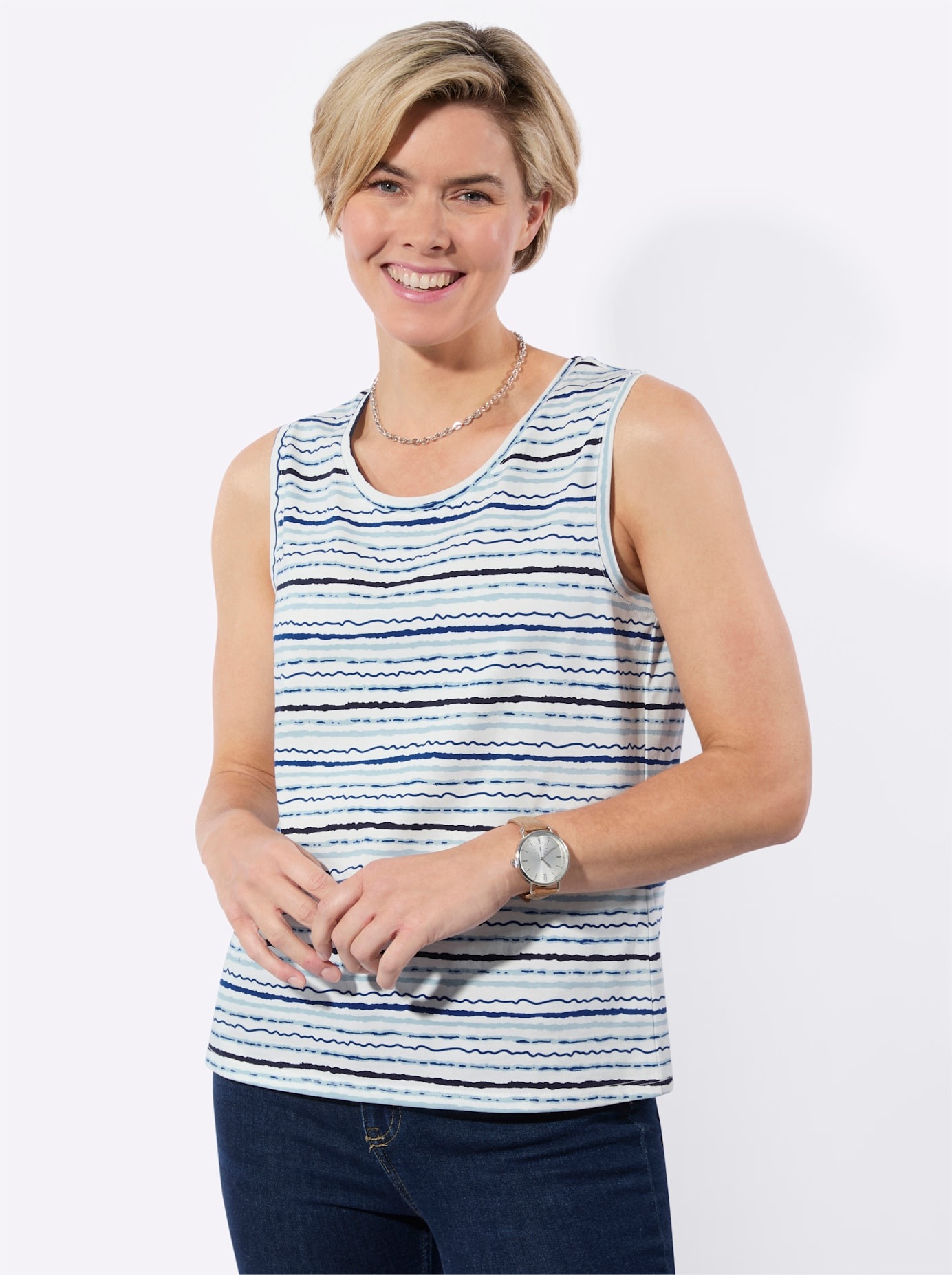 Shirttop CLASSIC BASICS, Damen, Gr. 44, weiß, marine, bedruckt, 100% Baumwolle, gemustert, mehrfarbig, Rundhals, Tops Shirttop