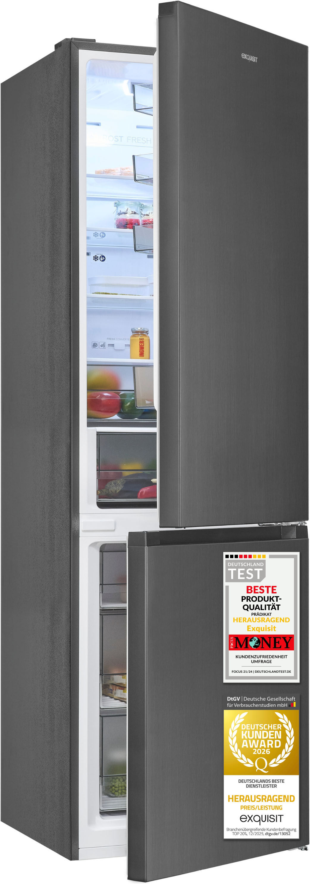 exquisit Kühl-/Gefrierkombination "KGC380-115-NF-040A inoxlook-az" 200,5 cm hoch 59,5 cm breit Humidity Box für optimale Feuchtigkeitsregulierung & kein Abtauen mehr