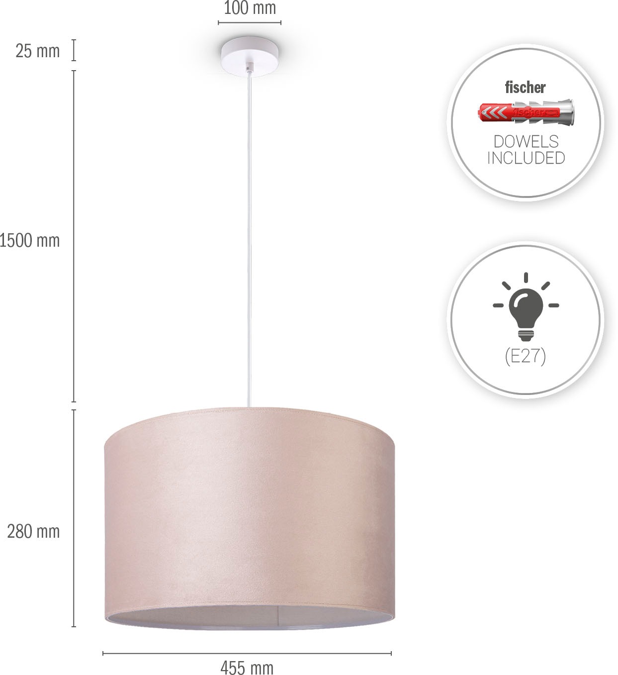 Paco Home Pendelleuchte »Hugo uni Color«, Leuchtmittel E27 | ohne Leuchtmittel, Wohnzimmer Lampenschirm aus Velour Unifarben Deko E27 Kabel 1,5m