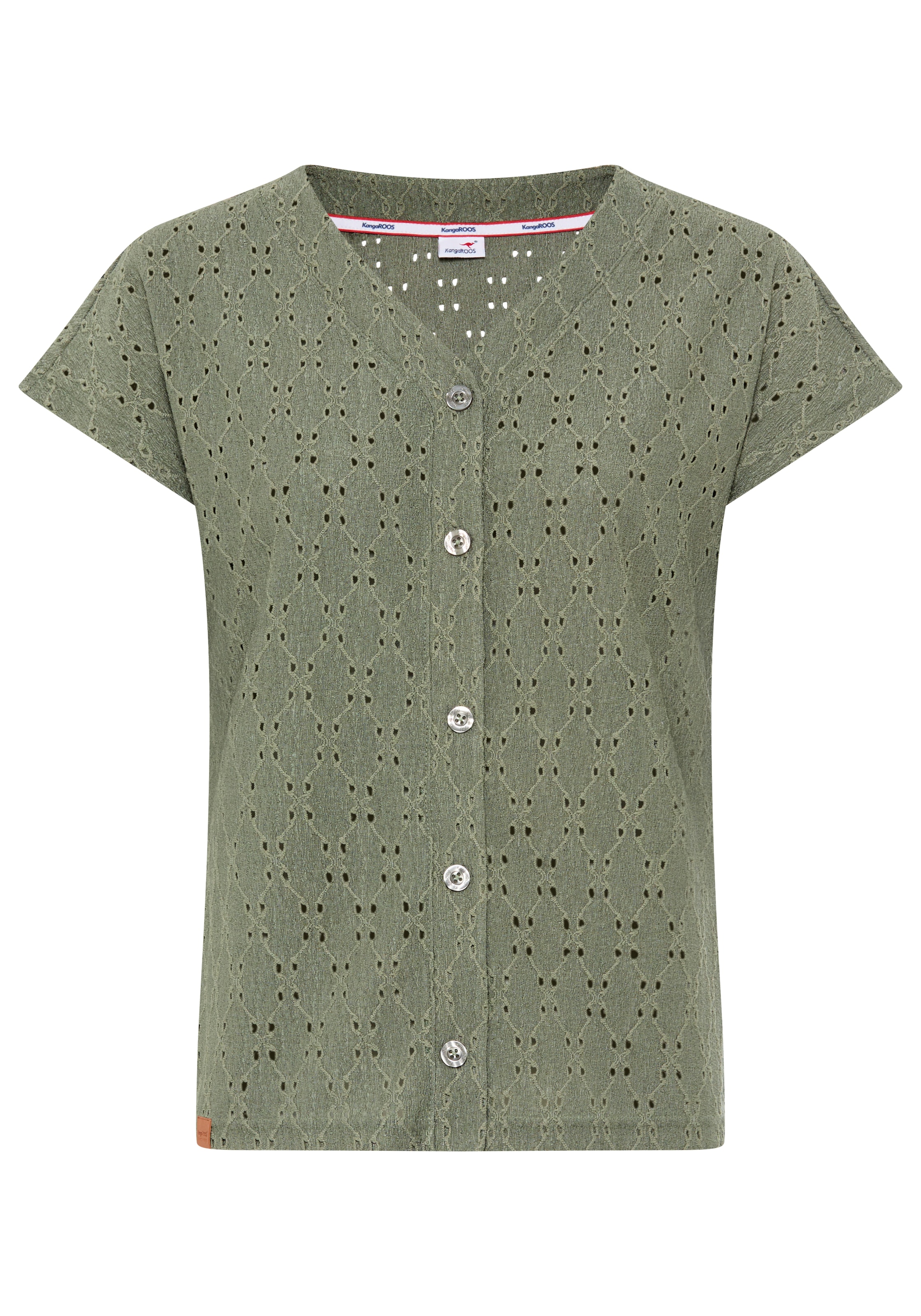 KangaROOS T-Shirt mit Knopfleiste und Allover Lochstickerei