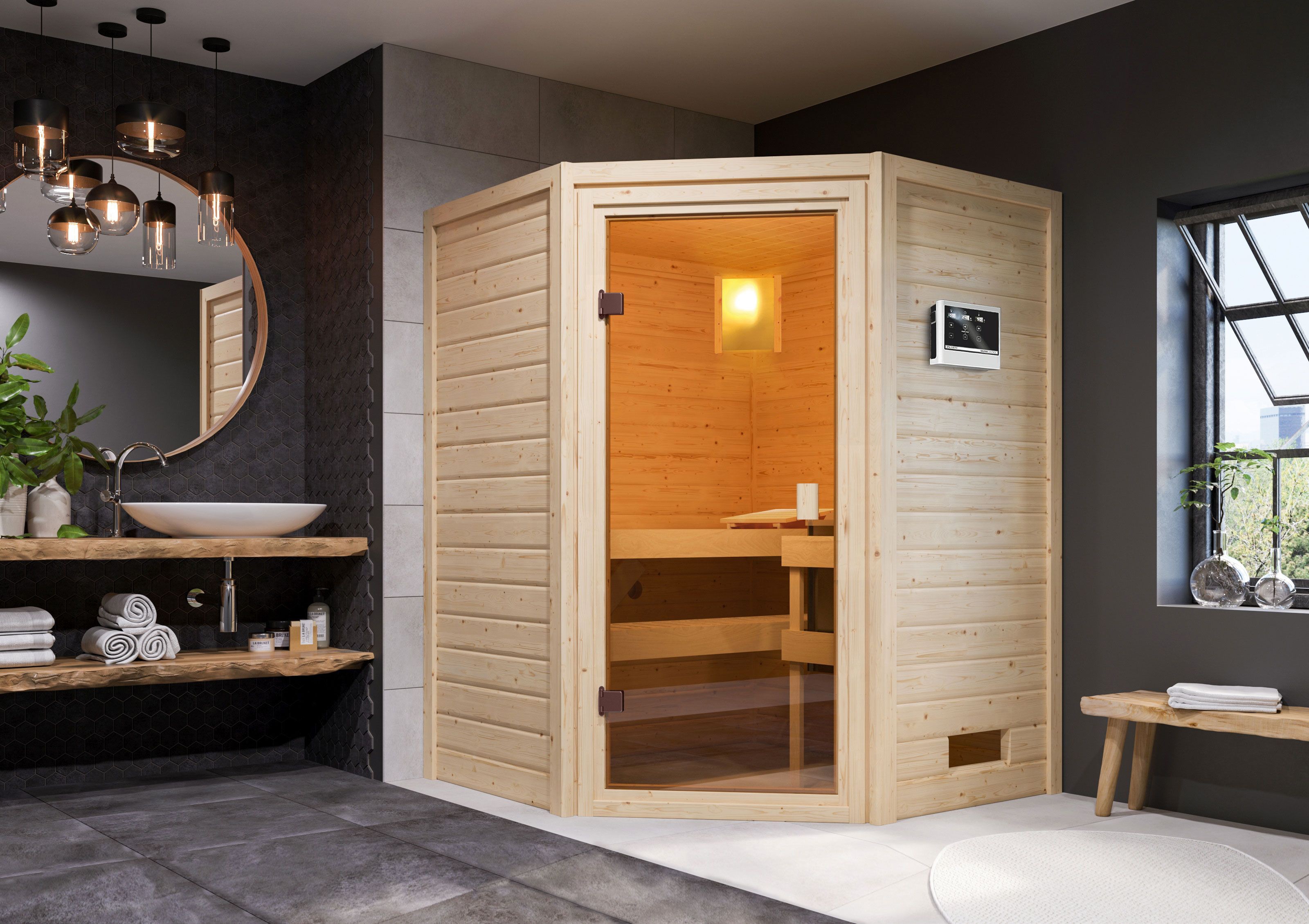 Karibu Sauna ""Anni" mit bronzierter Tür SET, naturbelassen, mit Ofen 9 kW" aus hochwertiger nordischer Fichte