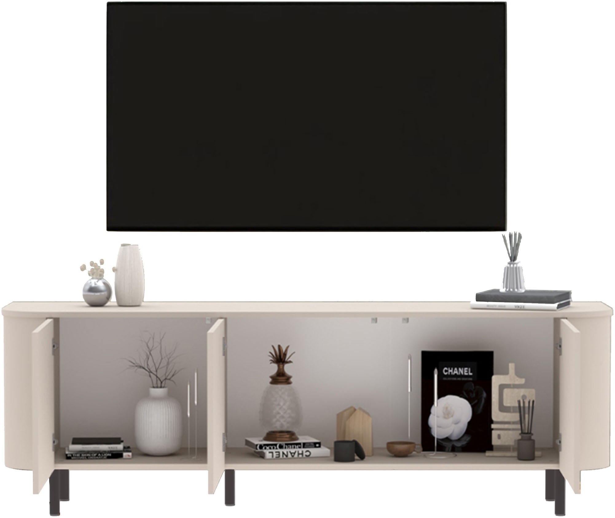 INOSIGN Lowboard »Lido, 181 cm breit, 3 Türen, TV-Schrank, TV-Kommode, Medienboard« Formgebogenes MDF, Stirnseiten mit Rundung, Push-to-open, Metallfüße