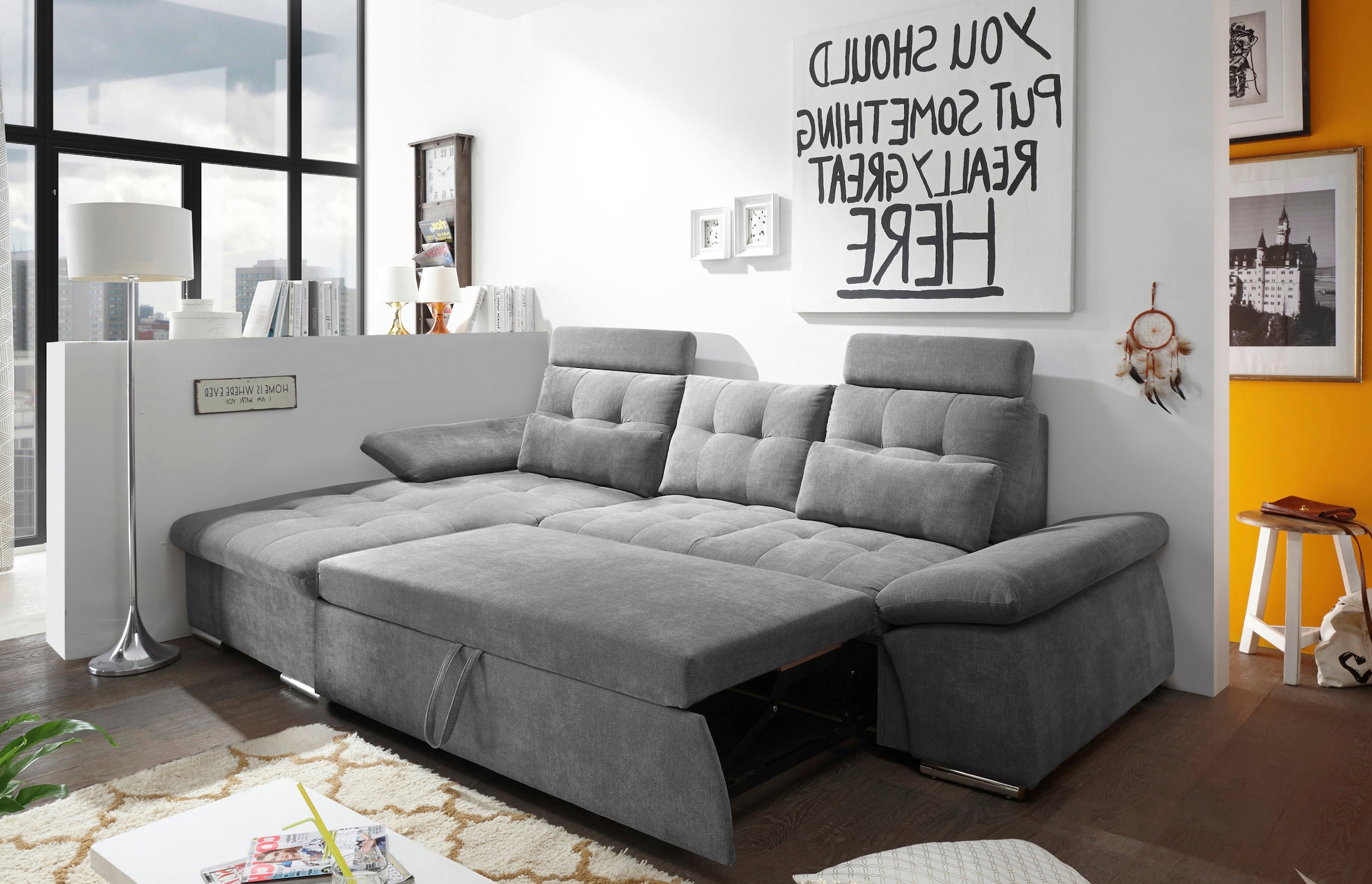ED EXCITING DESIGN Ecksofa »Nalo L-Form«, mit Bettfunktion, Armteilverstellung, Kopfstützen & 2 Nierenkissen