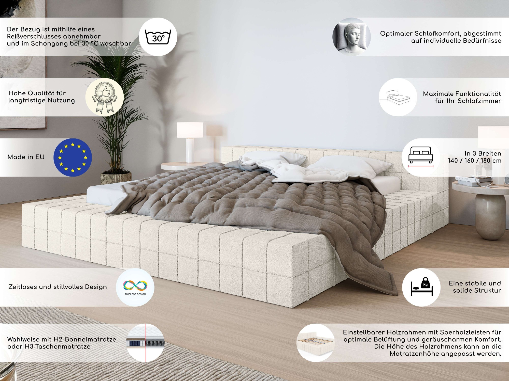 Bett HOME AFFAIRE "VENDY wahlweise mit Matratze und Topper, in 3 Breiten erhältlich", grau (hellgrau), B:202cm H:62cm L:222cm, 100% Polyester, Betten, Bett, Bettgestell mit Kopfteil und Bettkasten, mit/ohne Matratze (BFK/TFK) 2