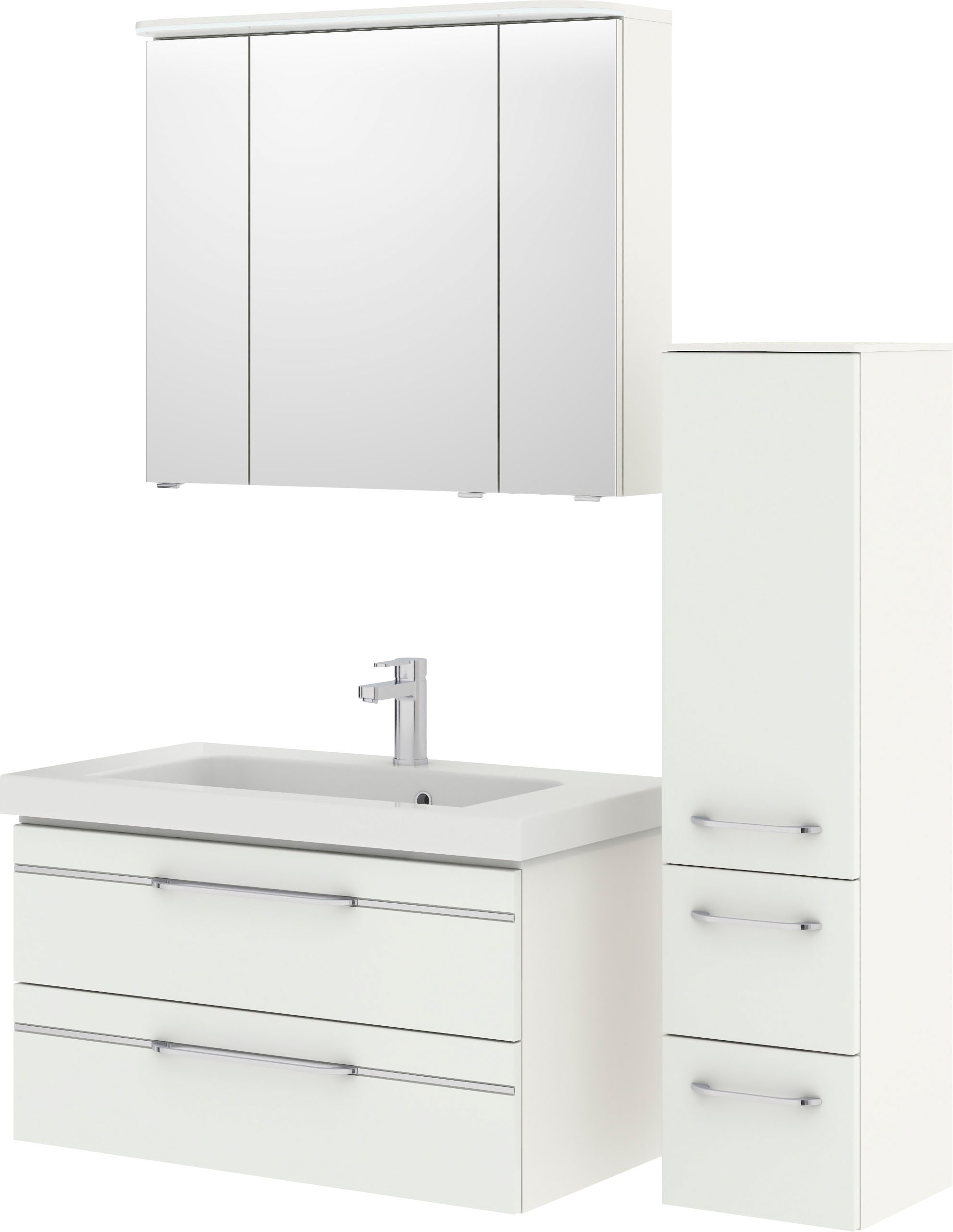 Saphir Badmöbel-Set »Balto Sprint 3-teilig, Mineralmarmor-Waschtisch mit LED-Spiegelschrank«, (4 St.), Badezimmer Set mit Midischrank, inkl Türdämpfer, 4 Türen, 4 Schubladen