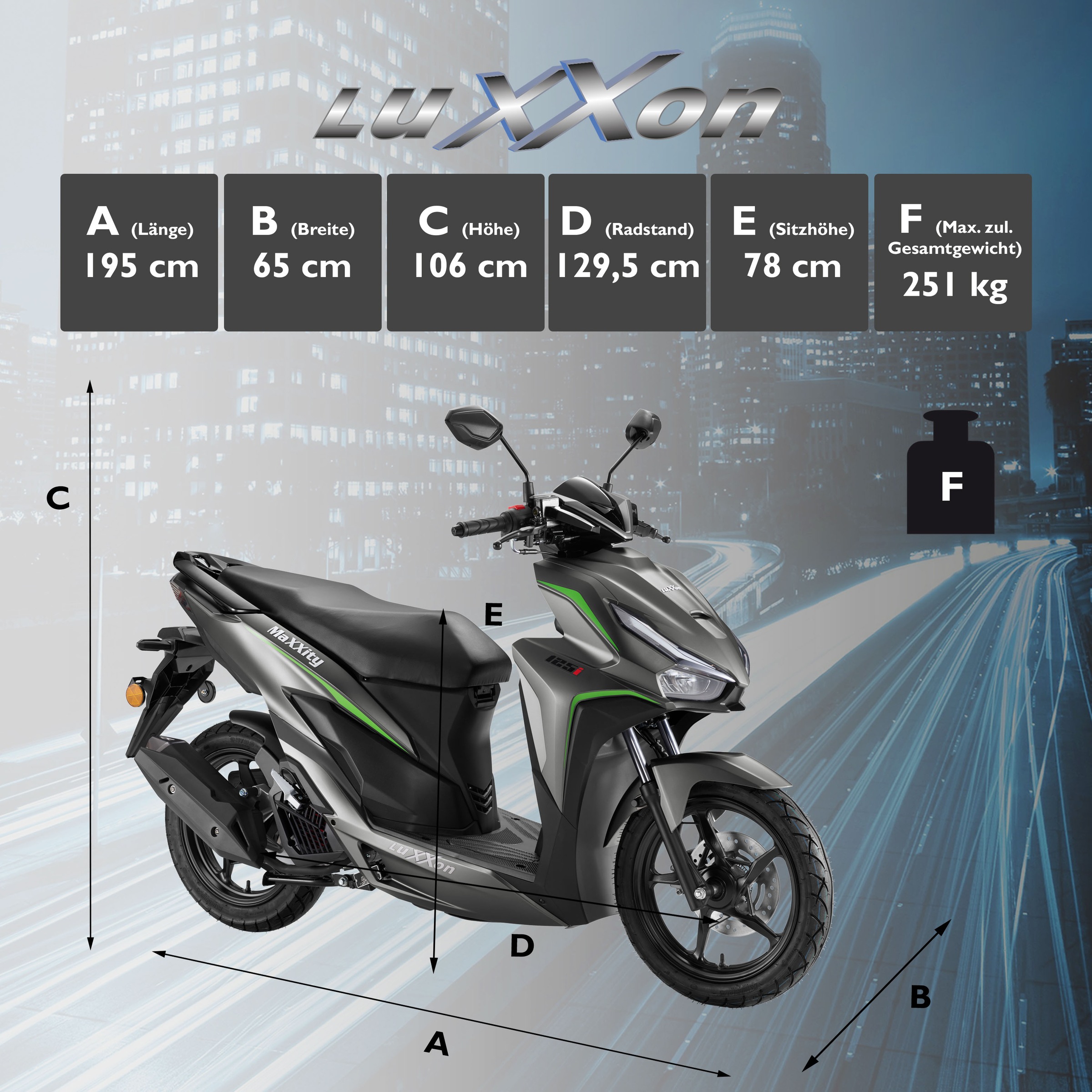 Luxxon Motorroller »MaXXity 125«, 124,6 cm³, 80 km/h, Euro 5, 8,16 PS, mit USB-Anschluss und Sportfelgen