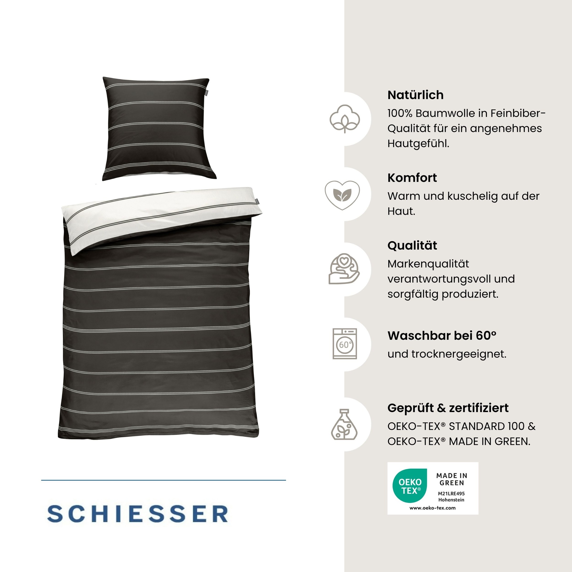 Schiesser Bettwäsche »Mateo aus weicher Baumwolle mit Streifen-Design« 2 OEKO-TEX® MADE IN GREEN