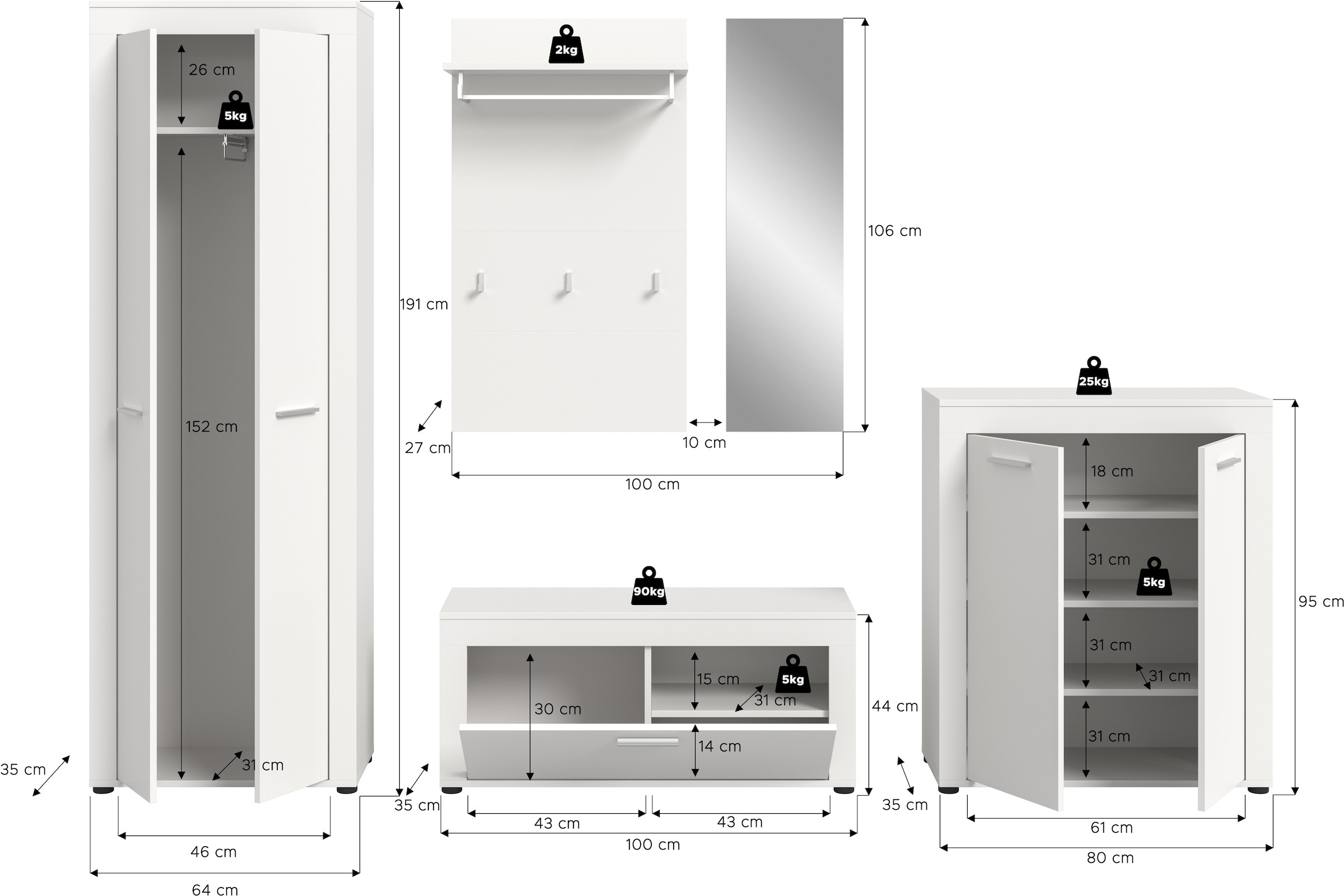 INOSIGN Garderoben-Set, (Set, 5 St.), Aosta, Höhe 191 cm, Garderobenset, Flur, Diele