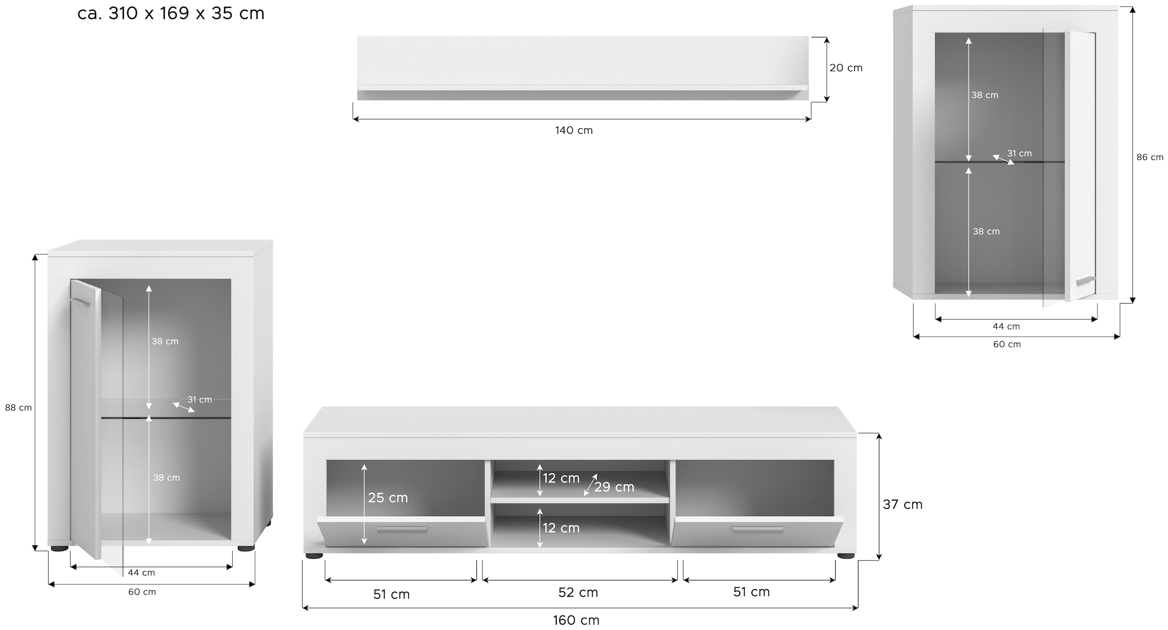 INOSIGN Wohnwand »Aosta, 4-tlg., bestehend aus: 2x Vitrine, Lowboard & Wandboard«, (4 St.), Wohnwand, Kombination, Anbauwand, Möbel Set, Schrankwand, Möbel Kombi