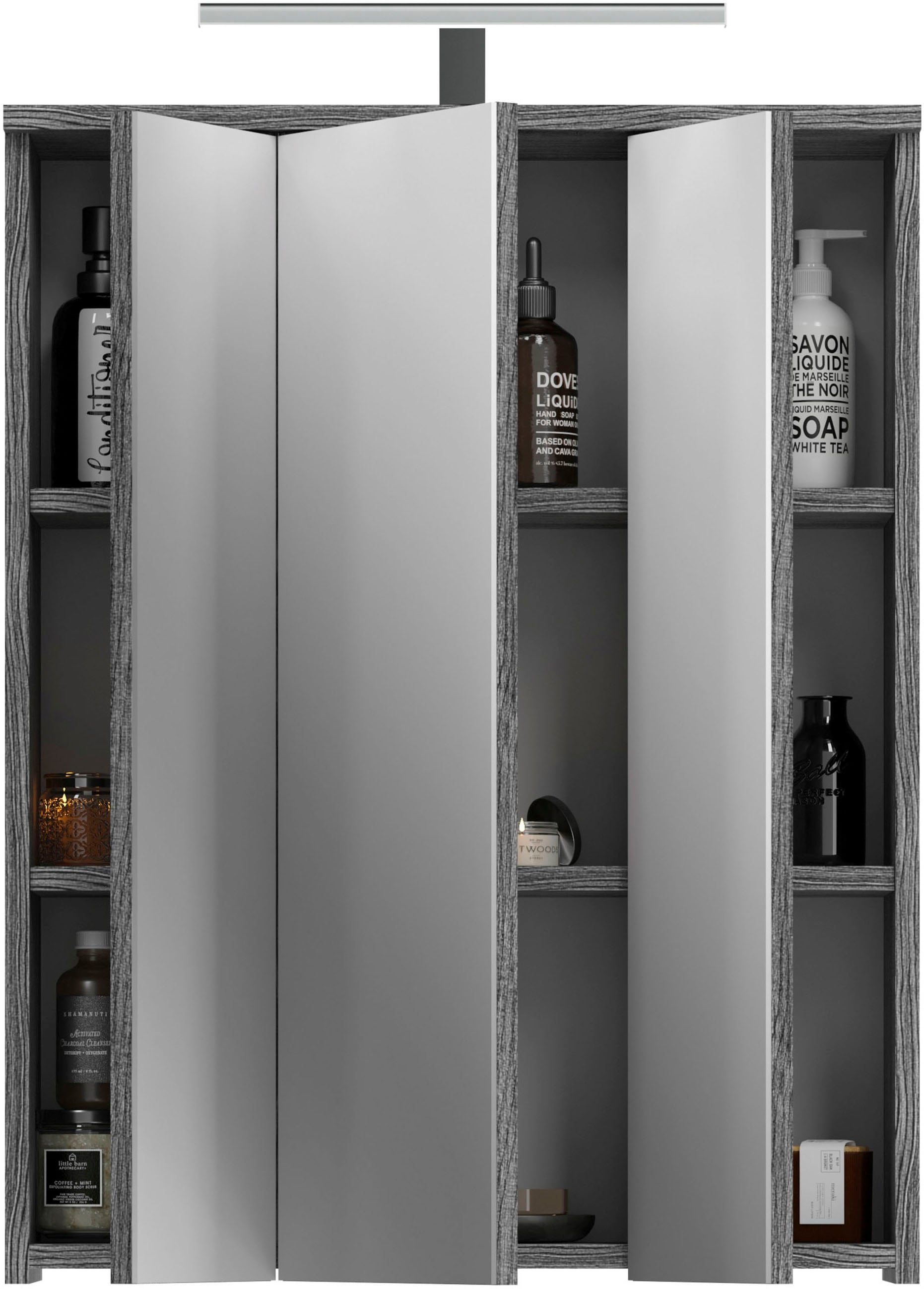 welltime Badezimmerspiegelschrank »LUCCA, TOPSELLER!, Breite 60cm, inkl. LED Beleuchtung, 3 Spiegeltüren«, (Set, 2 St.), Badmöbel, Badschrank, Schrank, Wandschrank, Bad, Badezimmer