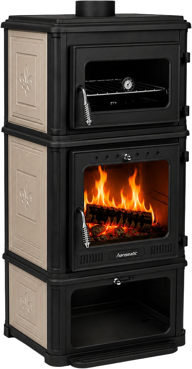 Hanseatic Kaminofen "Minerva, Gussofen mit Backofen und Beige emaillierten Seiten" Großer Feuerraum