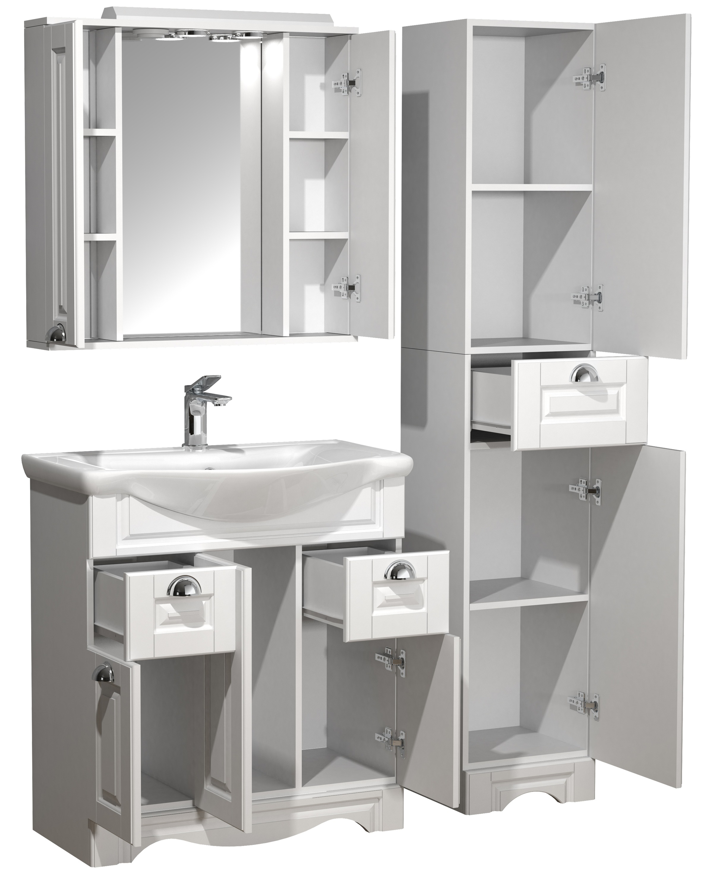 VCM Waschbeckenunterschrank »VCM 5-tlg. Waschplatz Waschtisch Breite 75 cm Badmöbel Set Waschbecken Spiegelschrank Hochschrank Landhaus Schublade Casalo XL«, (5 St.)