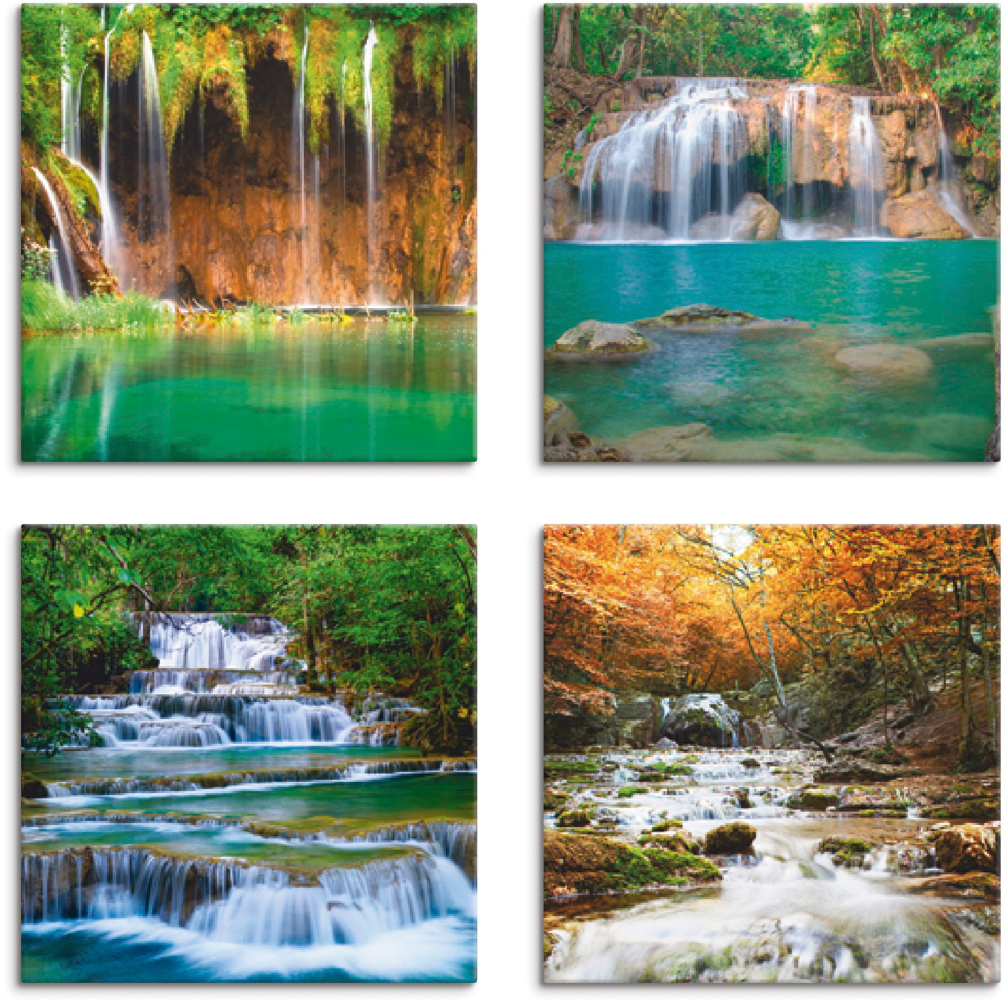 Artland Leinwandbild "Schöner Wasserfall im Wald", Gewässer, (4 St.), 4er Set, verschiedene Größen