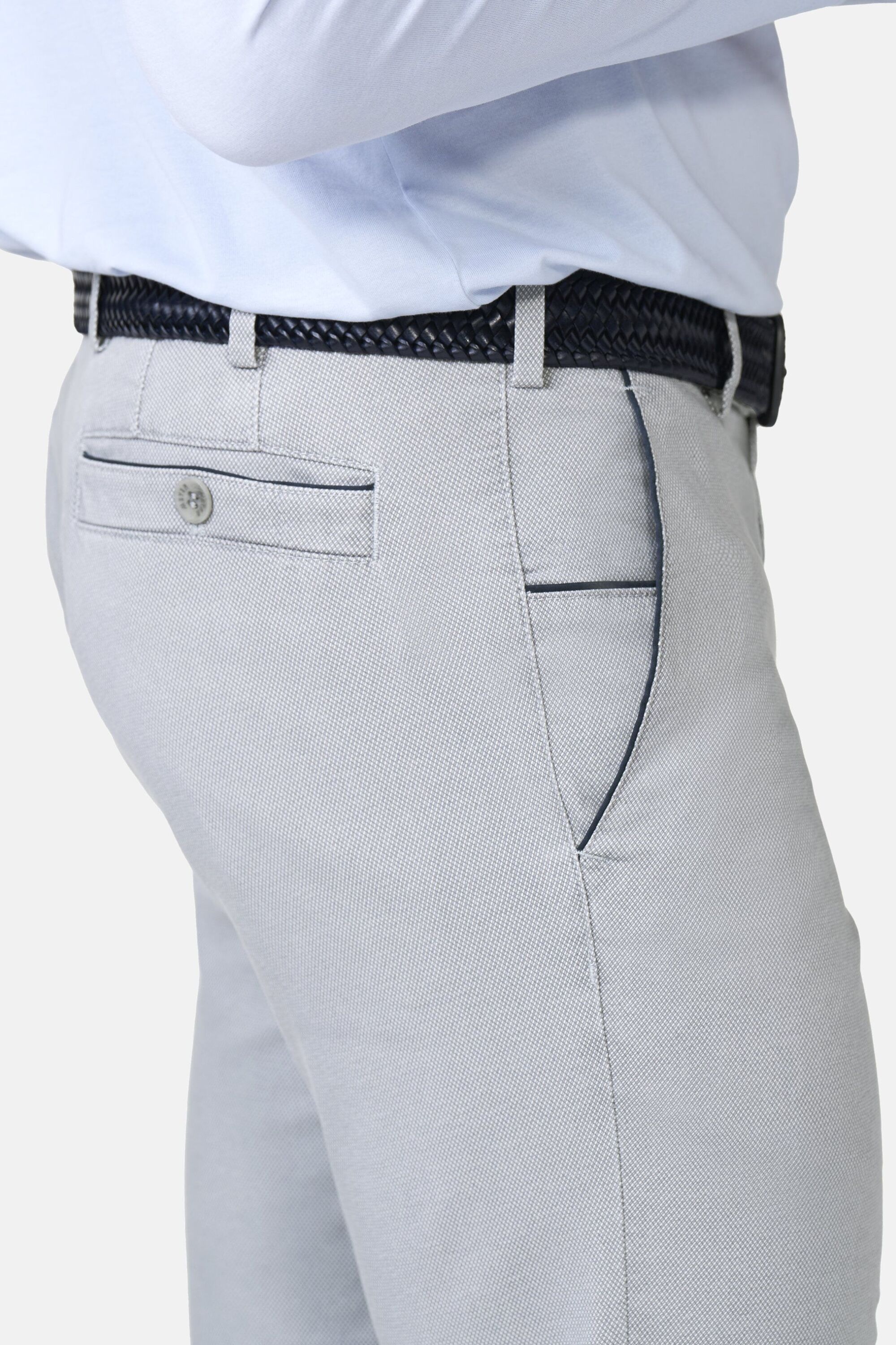 Chinos MEYER "NEW YORK Art.1-8130", Herren, Gr. 56, Normalgrößen, grau, gemustert, 90% Baumwolle, 7% Kapok, 3% Elasthan, unifarben, regular fit lang, Hosen, mit buntgewebtem Innenfutter 3