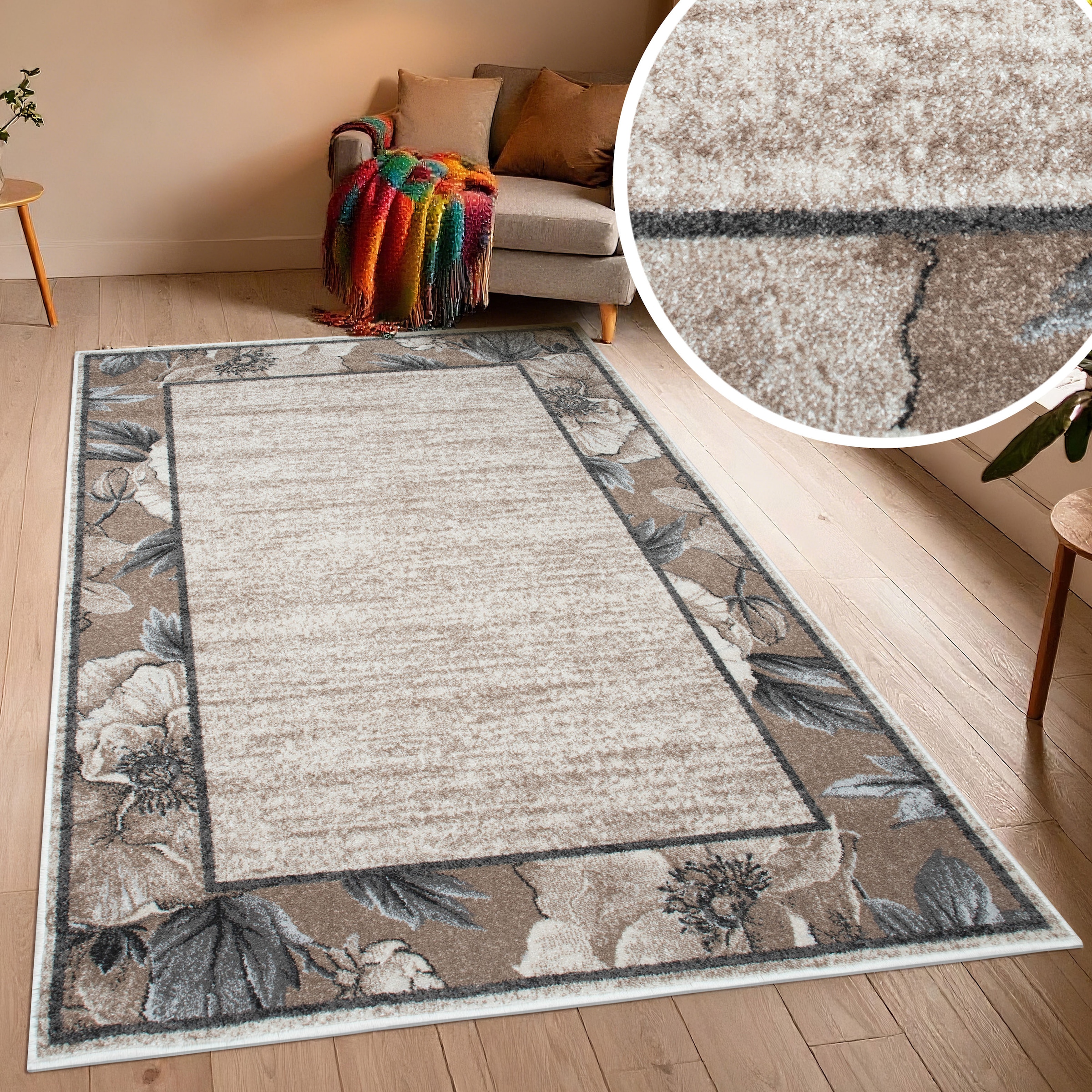 OTTO home Teppich "Florent mit Rahmen, Blumen Design" rechteckig 9 mm Höhe Floral, detailreiche Blüten, meliert, elegant, Wohnzimmer