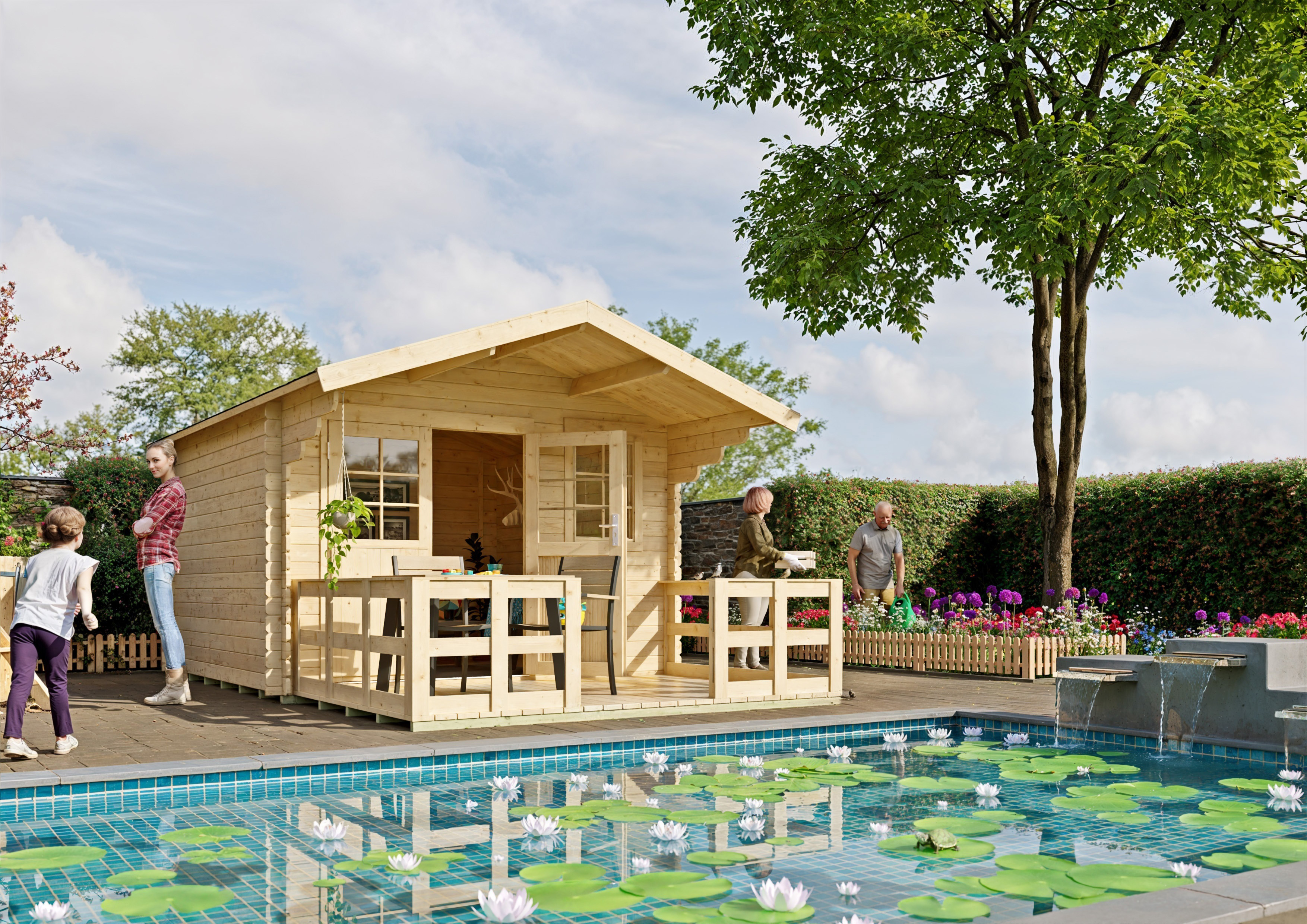 Thumbnail - KONIFERA Gartenhaus "Kallenberg 2 aus naturbelassenem Fichtenholz", mit Terrasse, Vordach und Fußboden