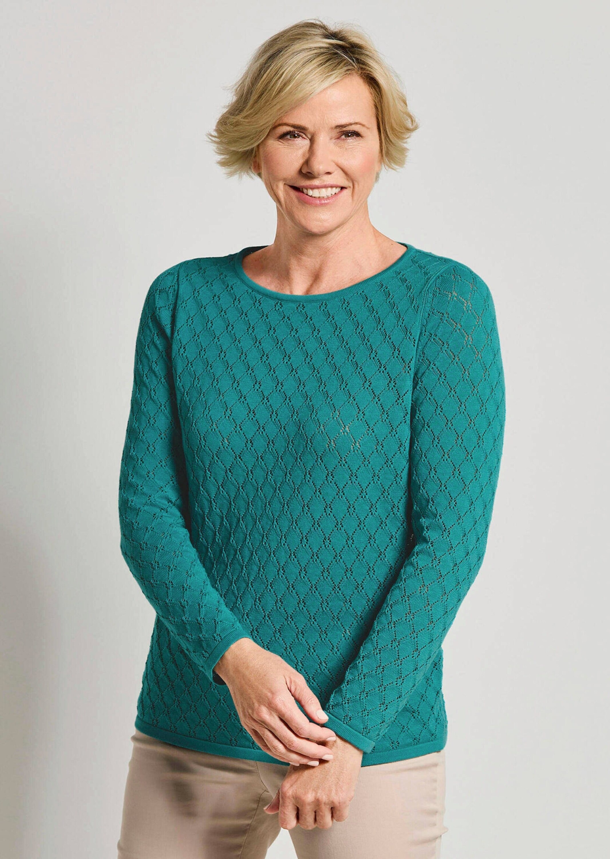 Rundhalspullover GOLDNER "Strickpullover mit Wabenstruktur", Damen, Gr. 38, grün (smaragd), Obermaterial: 50% Baumwolle CO. 50% Polyacryl PAN., gerade, Pullover Rundhalspullover, hochwertiger Ajorstrick 3