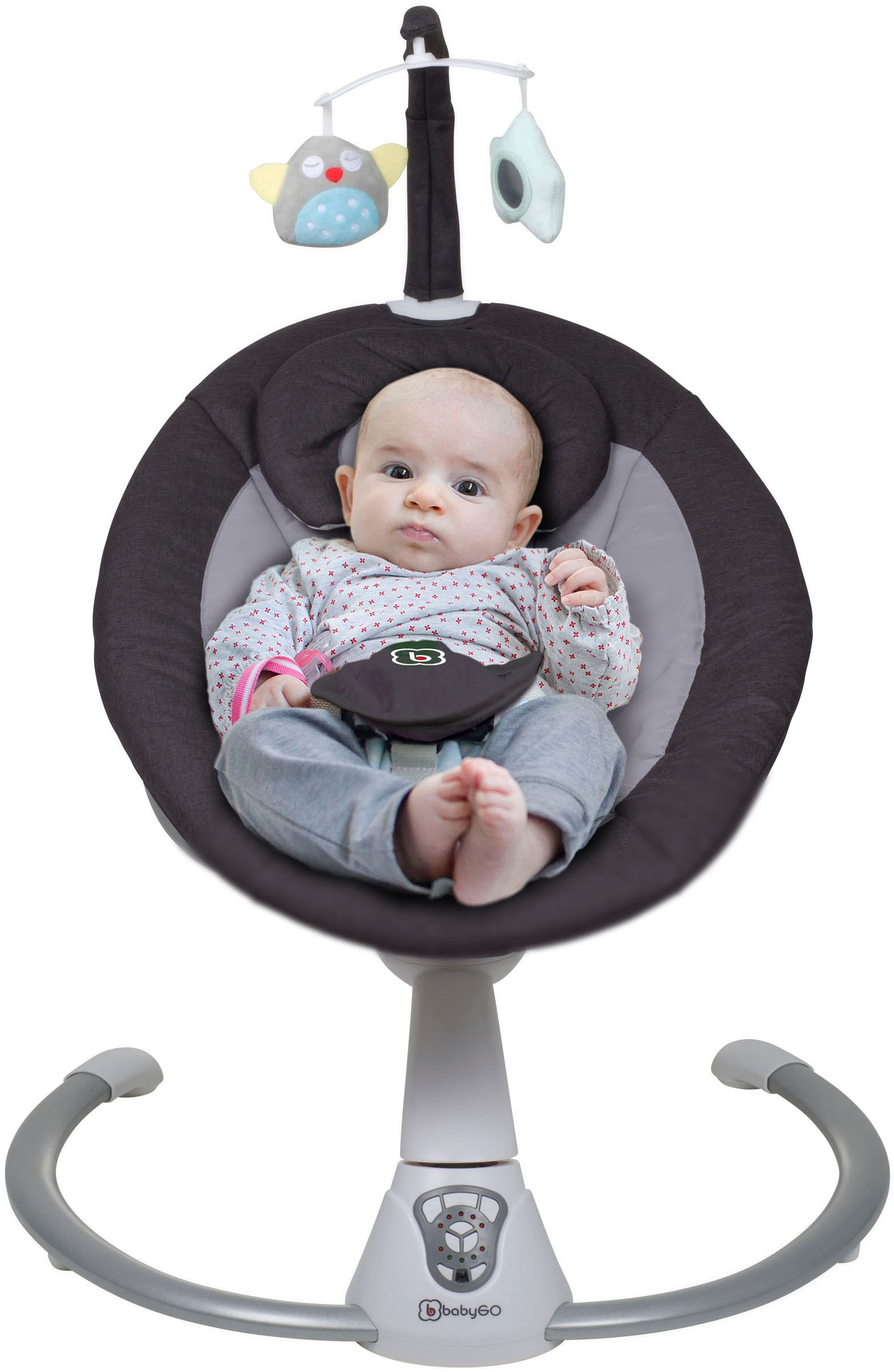 BabyGo Hochstuhl »Family Homey Set, schwarz/hellgrau« () mit elektrischer Babywippe inkl. Spielbogen