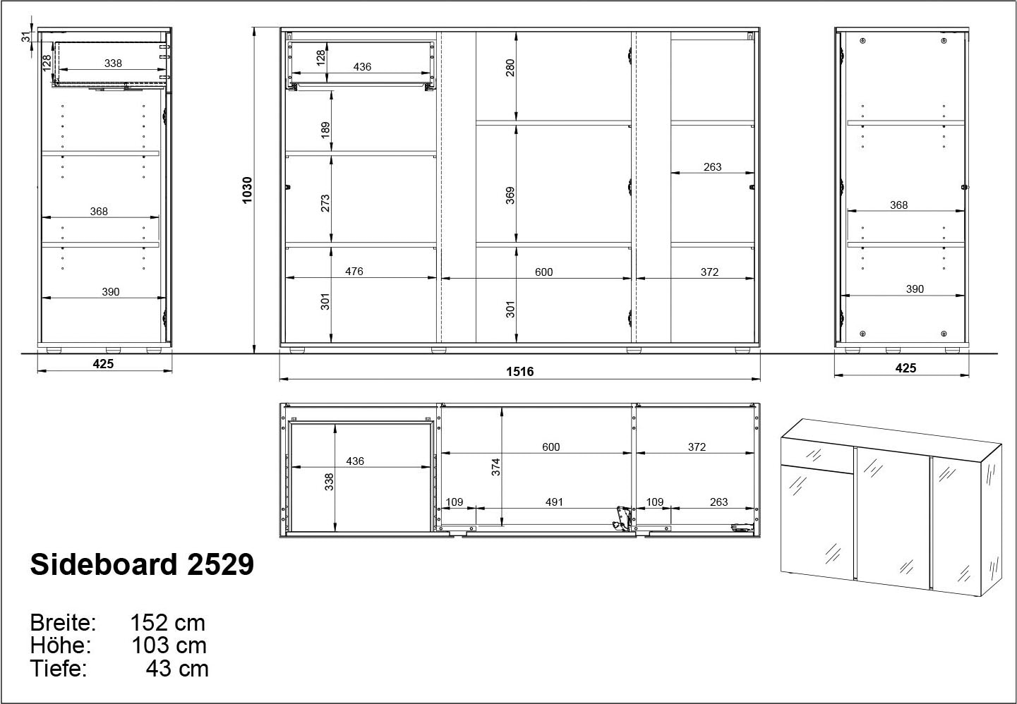 GERMANIA Sideboard »Mesa«, Breite 152 cm mit Glasfronten