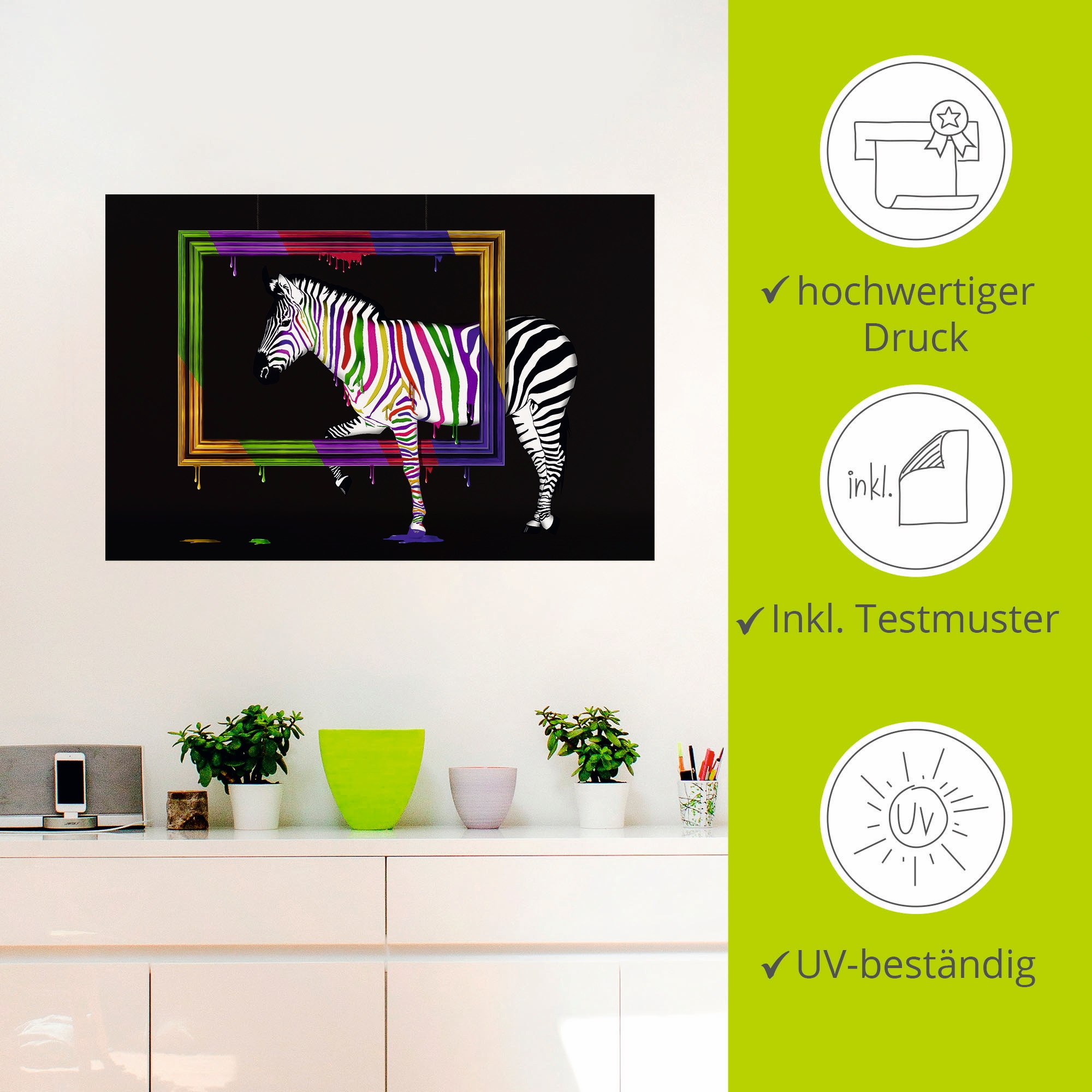 Artland Wandbild »Das Regenbogen Zebra«, Animal Fantasy, (1 St.), als Leinwandbild, Poster, Wandaufkleber in verschied. Größen