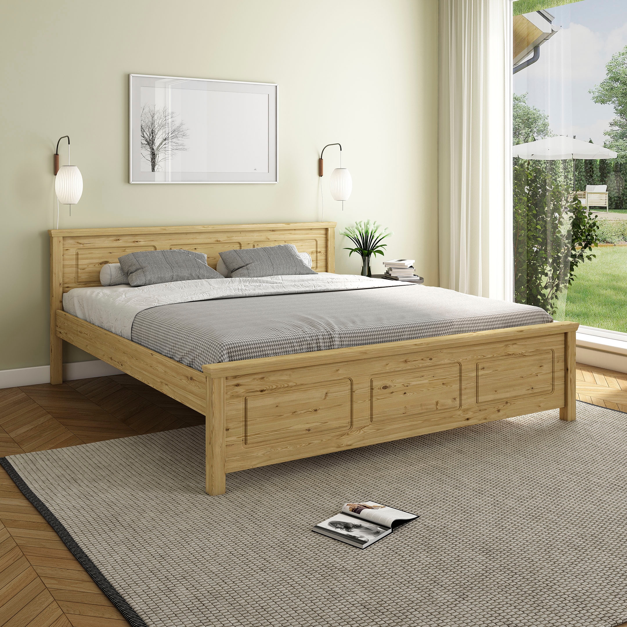 OTTO home Massivholzbett "ERIKK, Made in Europe, optional mit Schublade, Massivholz Kiefer" FSC zertifiziert, in mehreren Größen, Landhausstil mit Kassettenoptik