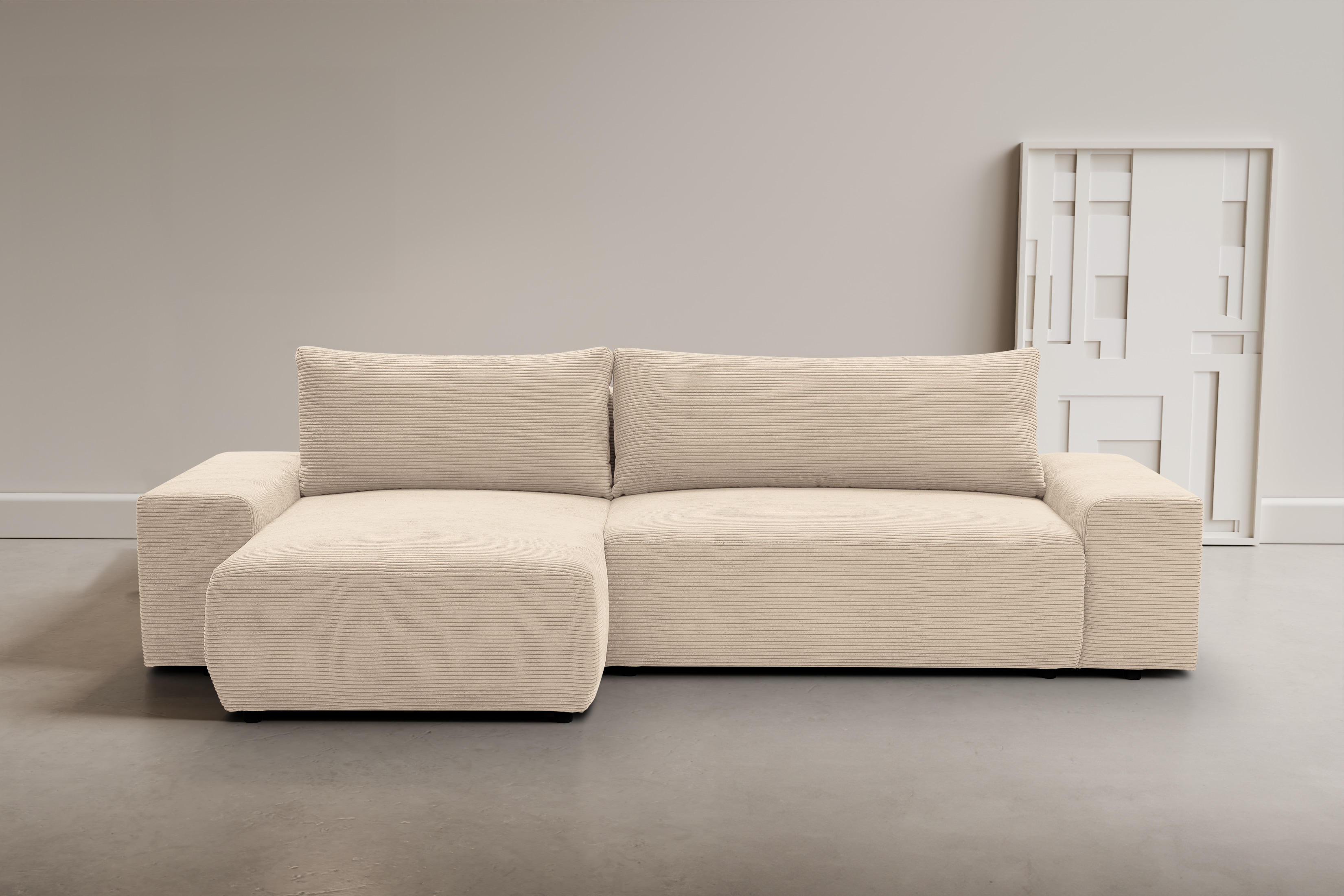 WERK2 Ecksofa "Amsterdam 300 x 150 cm modern und bequem" Cord, L-Form, XXL, Schlaffunktion, Bettkasten