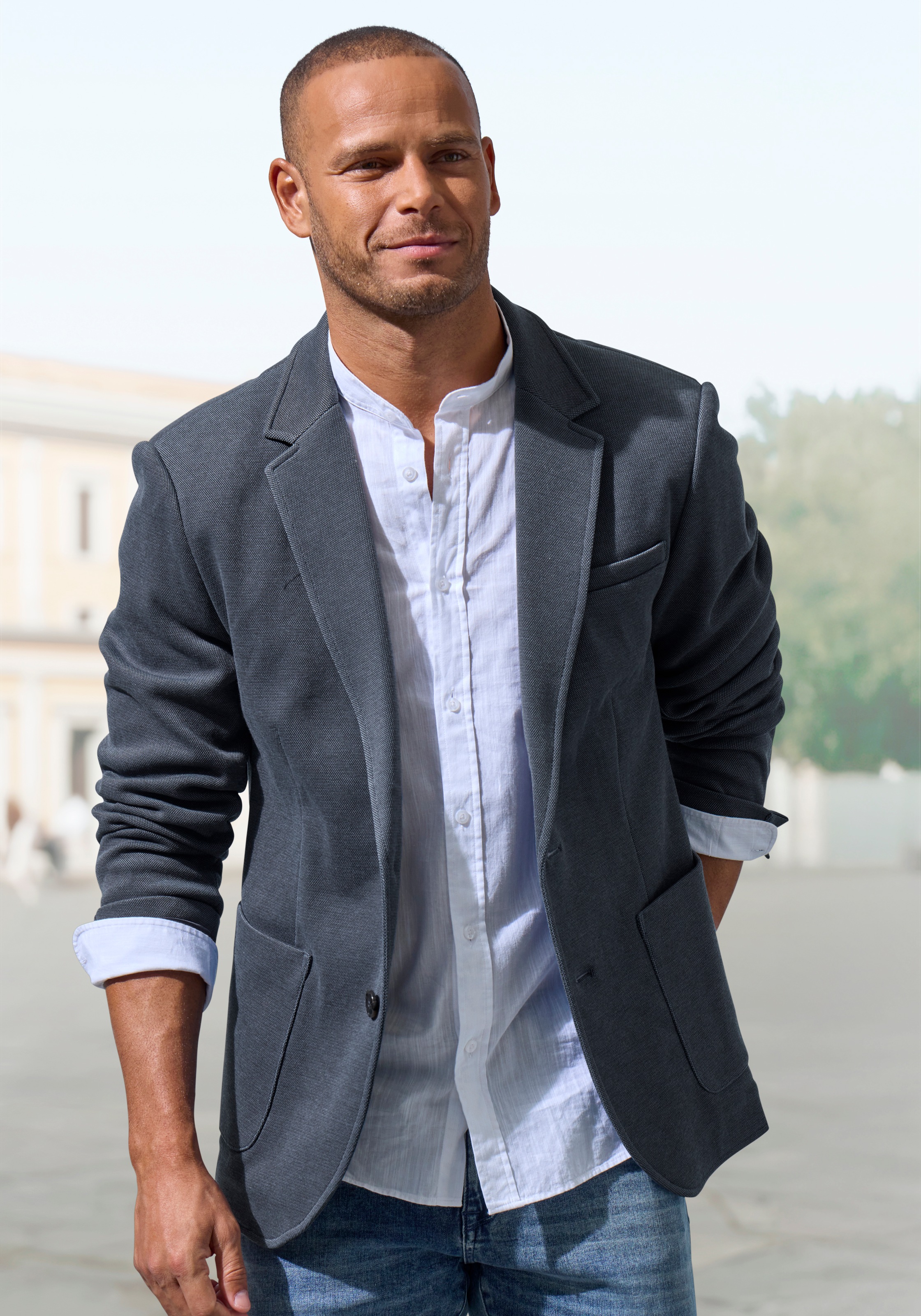"Sakko JOHN DEVIN ""aus elastischer Jersey Pikee-Qualität"", Herren, Gr. S (44/46), grau (navy), Piqué, Obermaterial: 65% Baumwolle, 35% Polyester.