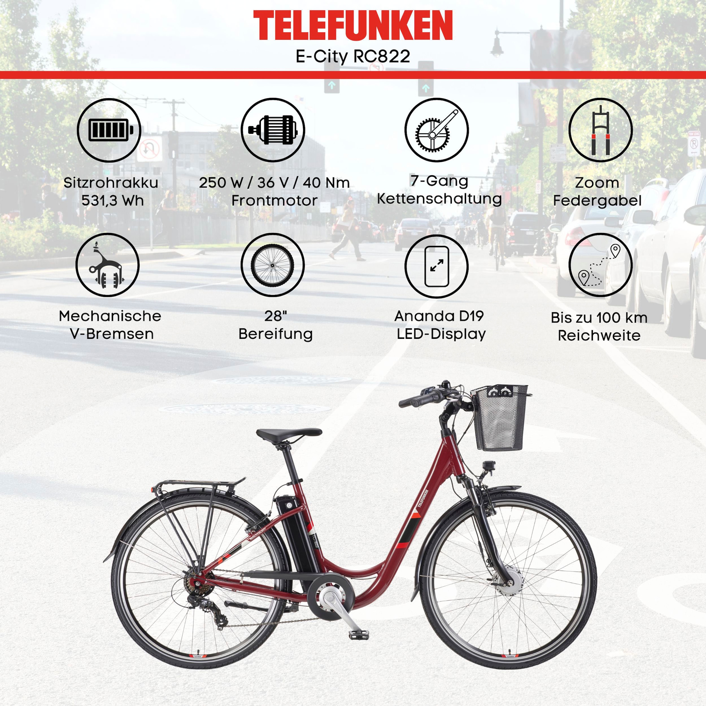 Telefunken E-Bike »Multitalent RC822«, 7 Gang, Shimano, Tourney, Frontmotor 250 W, (ca. 100 km Reichweite-2 V-Bremsen-Beleuchtung-Straßenzulassung), Elektrofahrrad, Damen Herren, 28 Zoll, 36,9 V, 531,3 Wh Akku, Pedelec