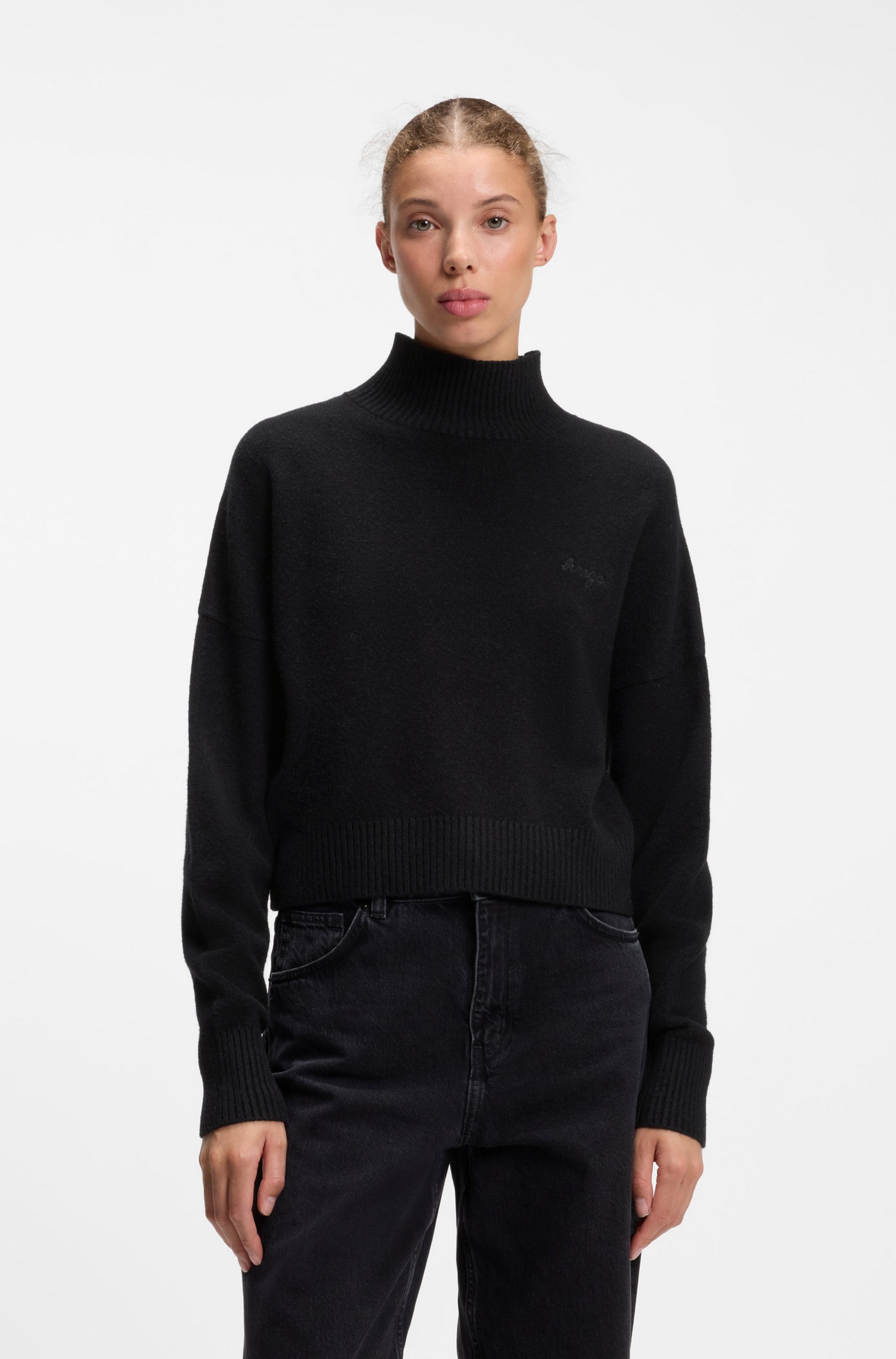 HUGO Stehkragenpullover "Sestya" mit tonaler Logostickerei, Relaxed Fit
