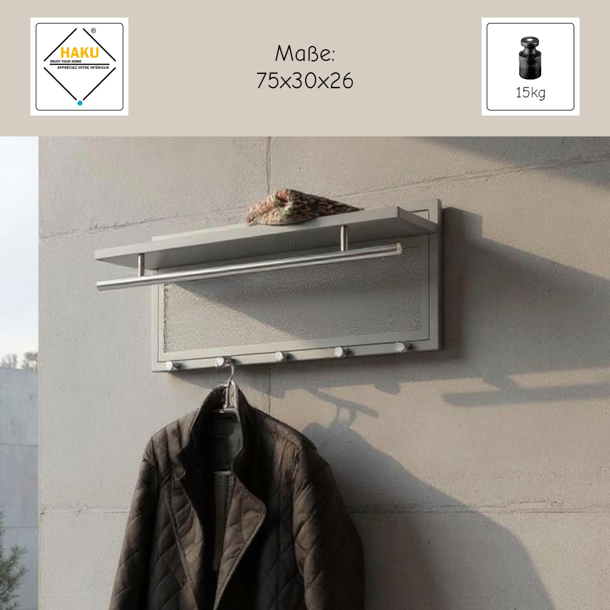 HAKU Wandgarderobe »Wandgarderobe« 1 Stk. tlg. rechteckig- aus Textil Grau - B/T/H 60/50/173 cm