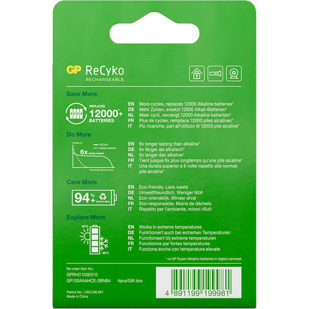 GP Batteries Batterie »4er Pack AAA NiMH 950 mAh ReCyko 1,2V«, 1,2 V, (Set, 4 St.)