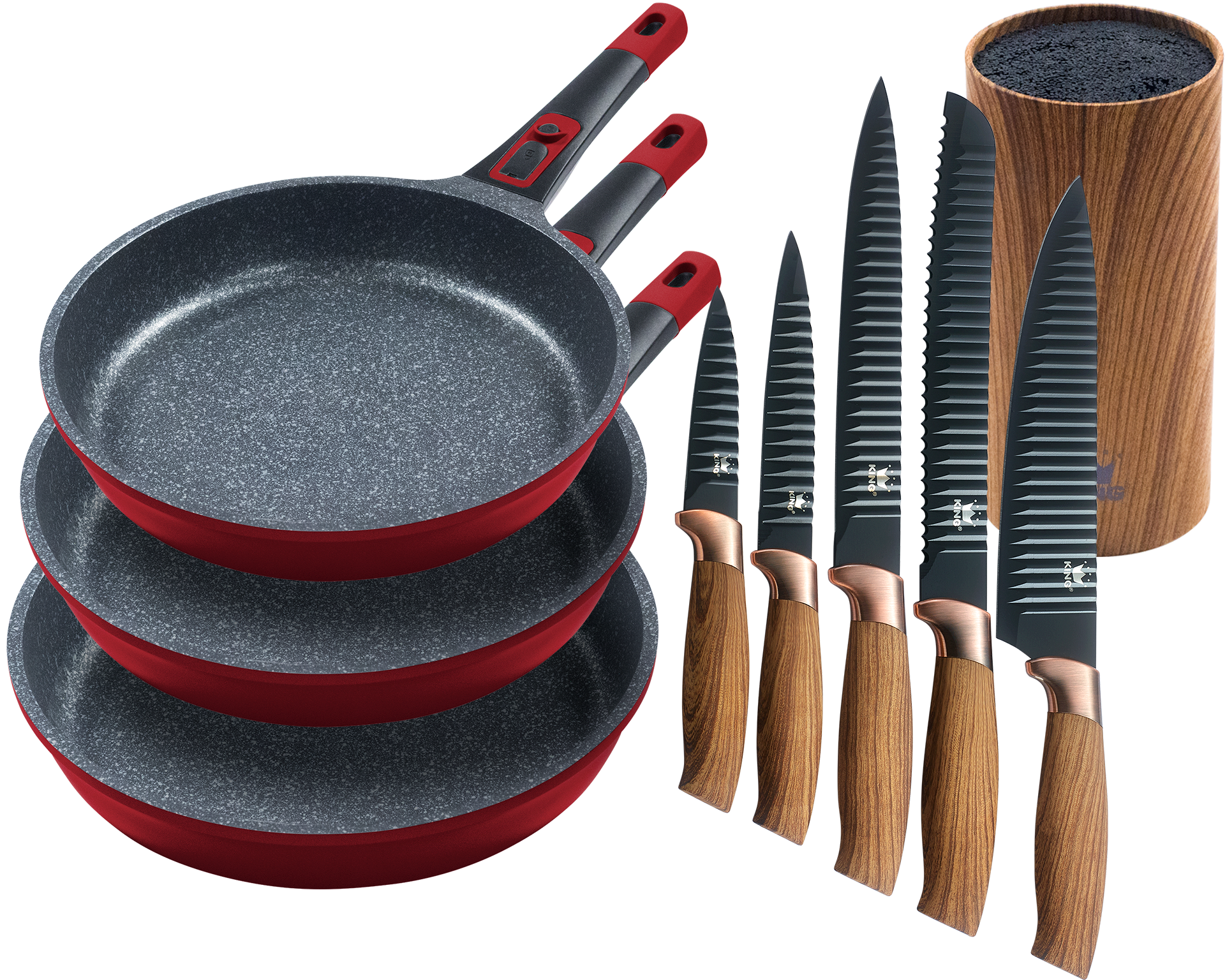 KING Pfannen-Set ""Moonscape 3er", inkl. Messer-Set und Messerblock" Aluminiumguss Set, 3 Pfannen, 5 Küchenmesser, 1 Messerblock, 9 Stk. tlg. Induktion, abnehmbarer Griff, MOONSCAPE-Beschichtung