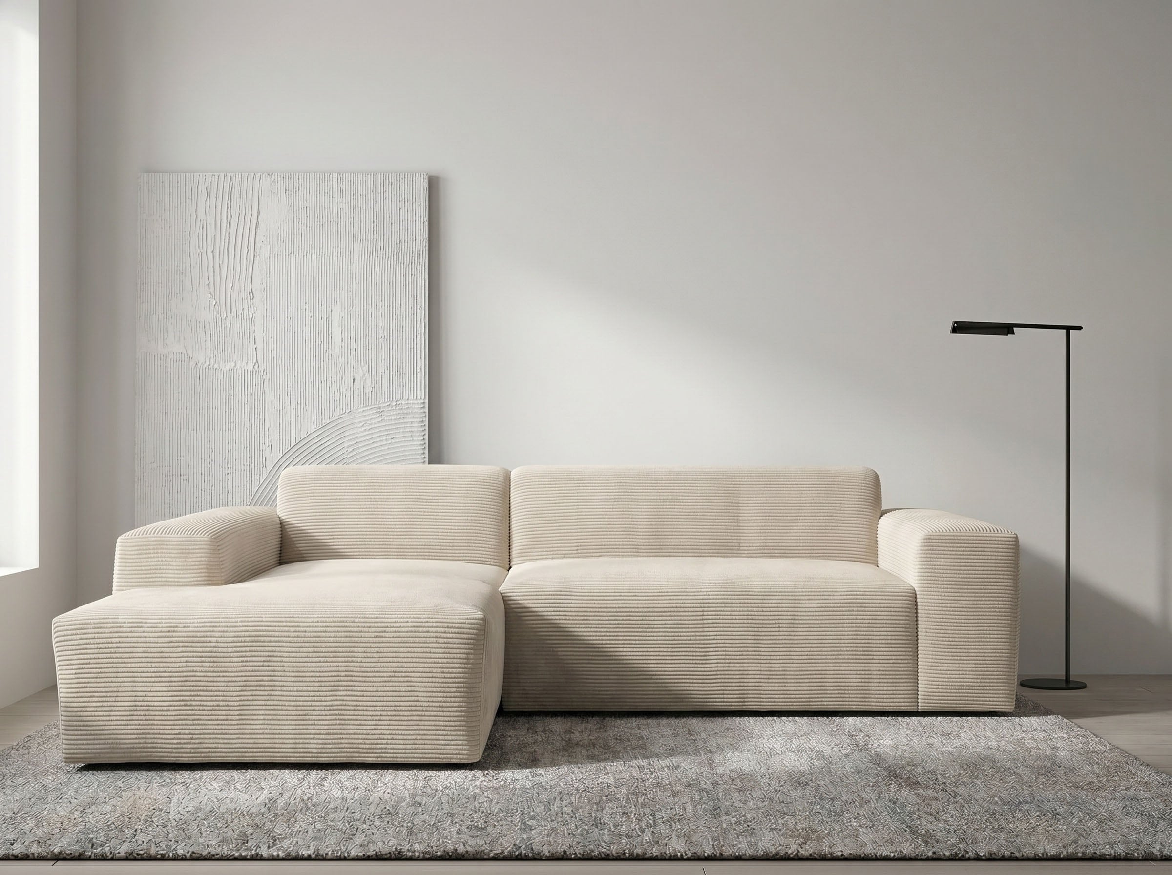WERK2 Ecksofa "Zeus-L 253 cm breit, bequemes Cord-Sofa in L-Form, urbanes Design" Organische curvy-trend Couch mit großer Komfort-Ottomane