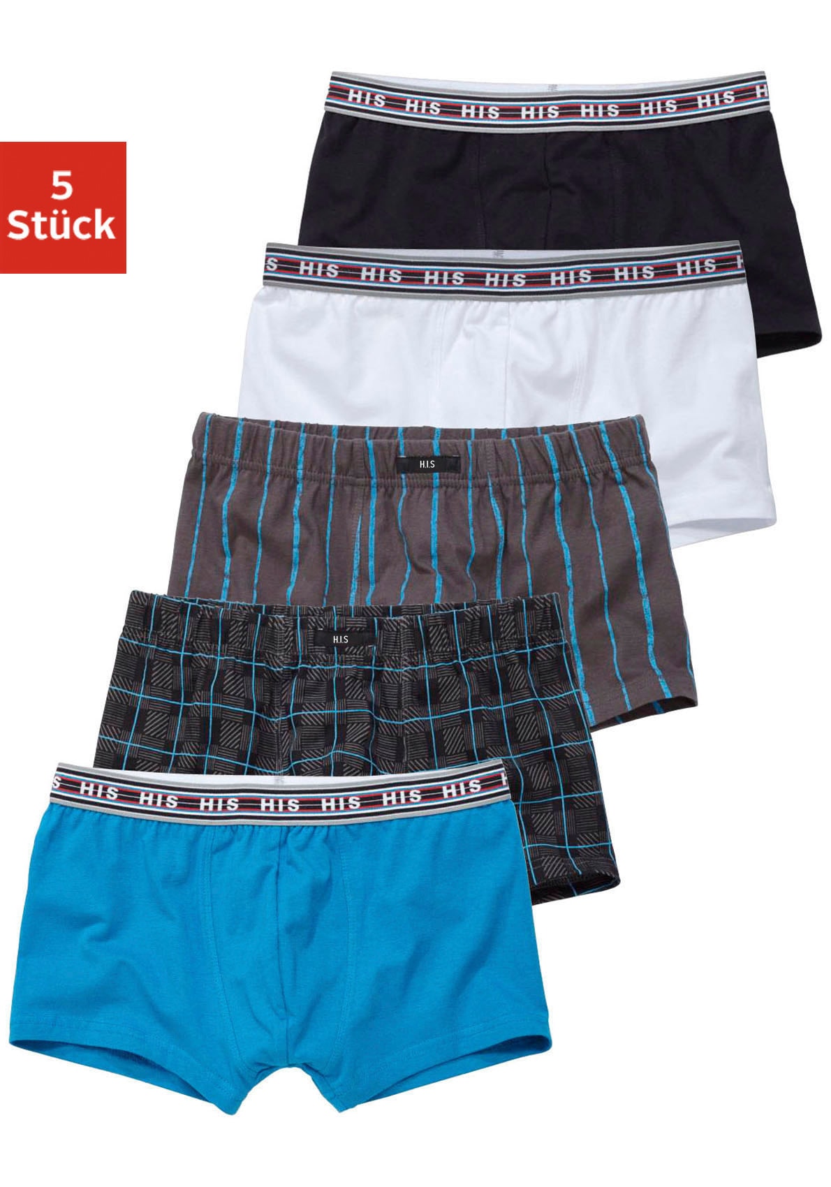 H.I.S Boxer "Boxershorts für Jungen" Packung, 5 Stk. unifarben, gestreift, kariert, mit Logobund, Baumwollmischung