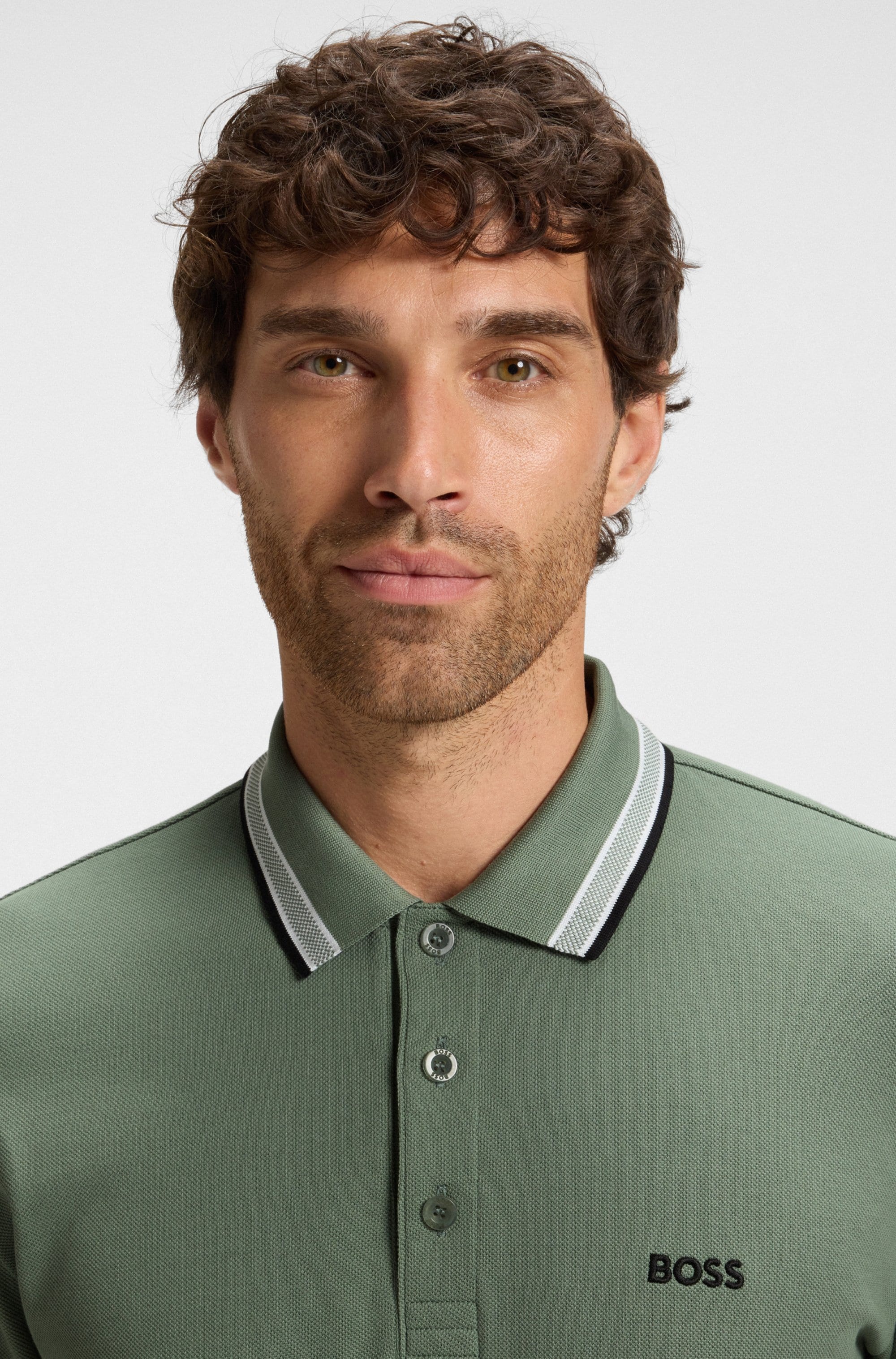 BOSS GREEN Langarm-Poloshirt »Plisy«, mit Streifen am Kragen