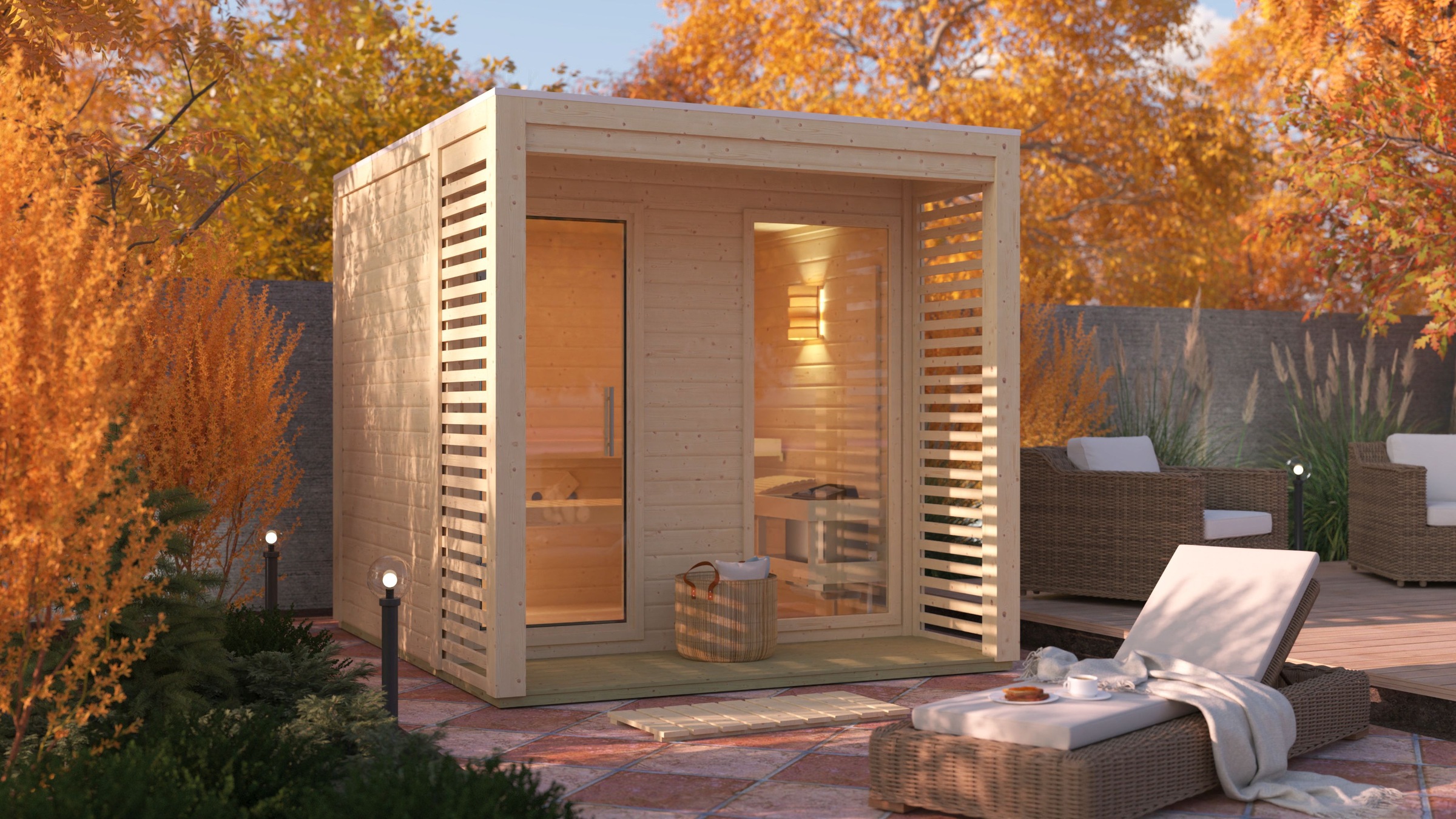 KARIBU Saunahaus "»Armin 2« naturbelassen", Saunaofen, externe Steuerung, (ohne Ofen), beige, Garten, Saunen, in verschiedenen Ausführungen