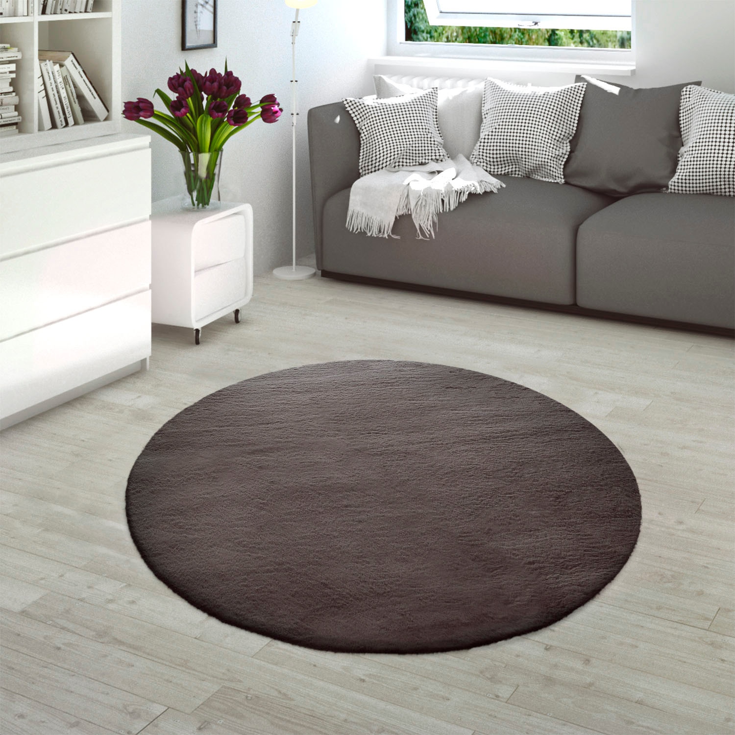 Paco Home Fellteppich »Rabbit 780«, rund, 26 mm Höhe, Kunstfell, Kaninchenfell-Haptik, echter Kuschelteppich, Uni-Farben