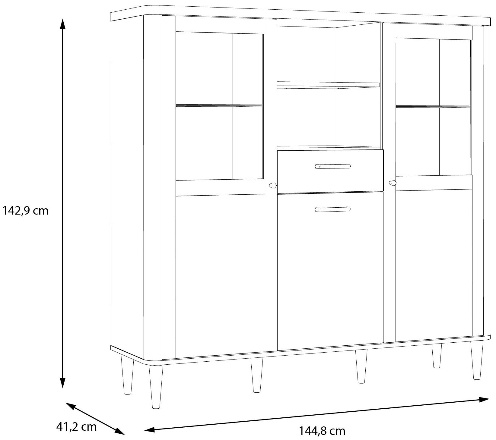 FORTE Vitrine, B/H/T 144,8/142,9/41,2 cm, Echtholzfüße