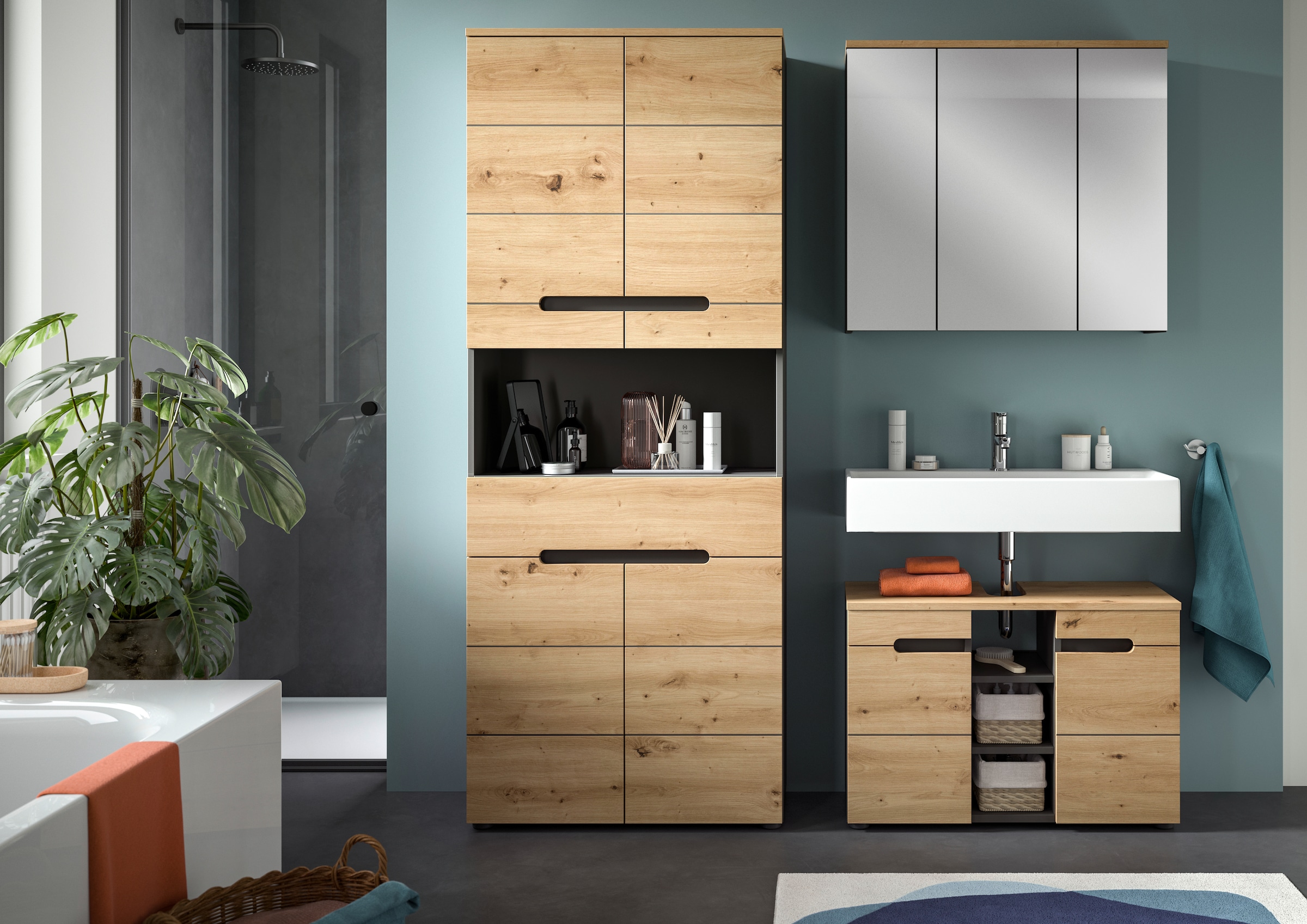 INOSIGN Badmöbel-Set »REHAT, 3-teilig, Breite 171 cm, mit grifflosen Fronten, bestehend aus:«, (3 St.), 1x Hochschrank, 1x Waschbeckenunterschrank & 1x Spiegelschrank