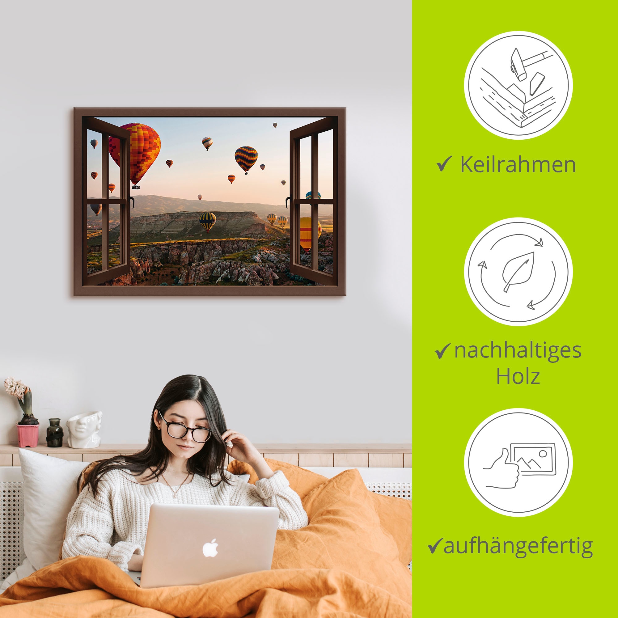 Artland Wandbild »Fensterblick Kappadokien Ballonfahrt«, Ballonfahren, (1 St.), als Leinwandbild, Poster, Wandaufkleber in verschied. Größen