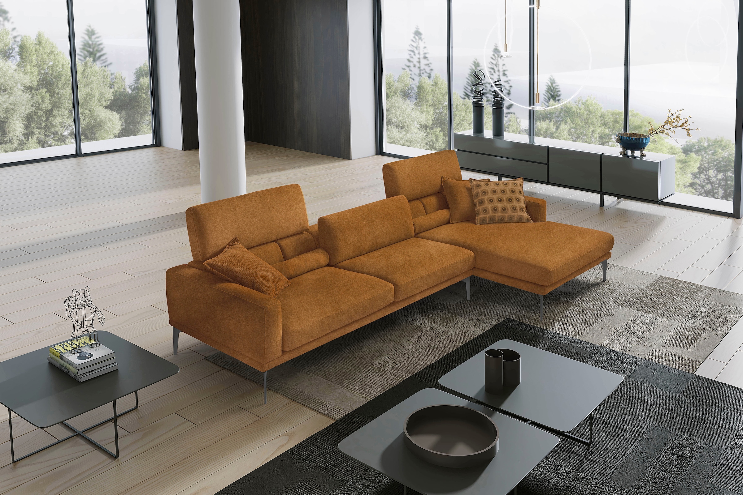 Egoitaliano Ecksofa "Masu, Design trifft sensationellen Sitzkomfort, Breite 277cm, L-Form" inkl. 2 Kissenrollen, Rückenelemente manuell verstellbar, Metallfüße