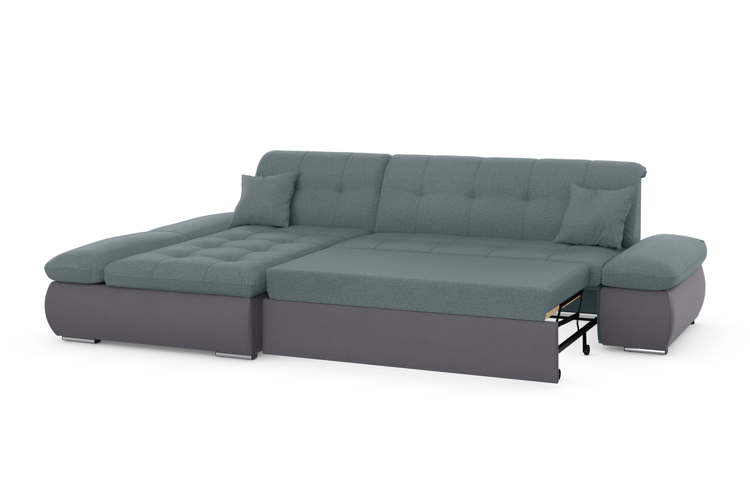 DOMO collection Ecksofa »Moric, L-Form, XXL-Sofa - Breite 300cm«, wahlweise mit Bettfunktion und Armteilverstellung, grau-eisblau