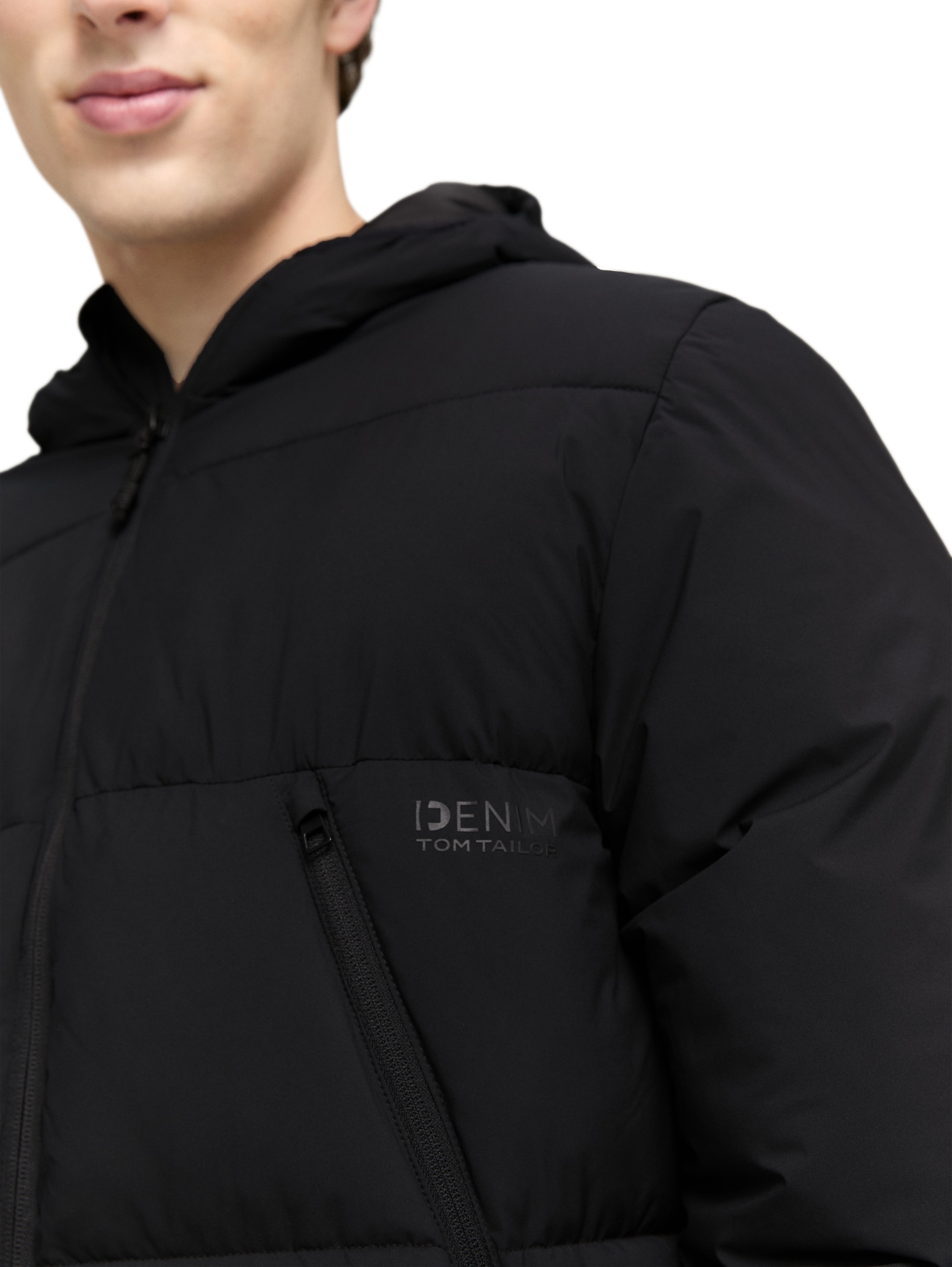 TOM TAILOR Denim Steppjacke, mit Kapuze, mit Logo Print