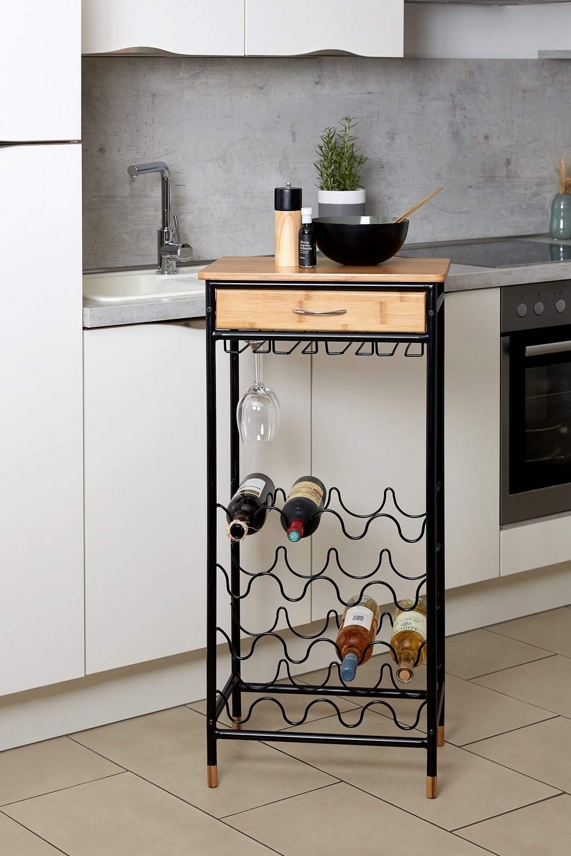 WENKO Weinflaschenhalter »Modell Loft«, Flaschenregal für 16 Flaschen mit Schublade, Metall und Bambus