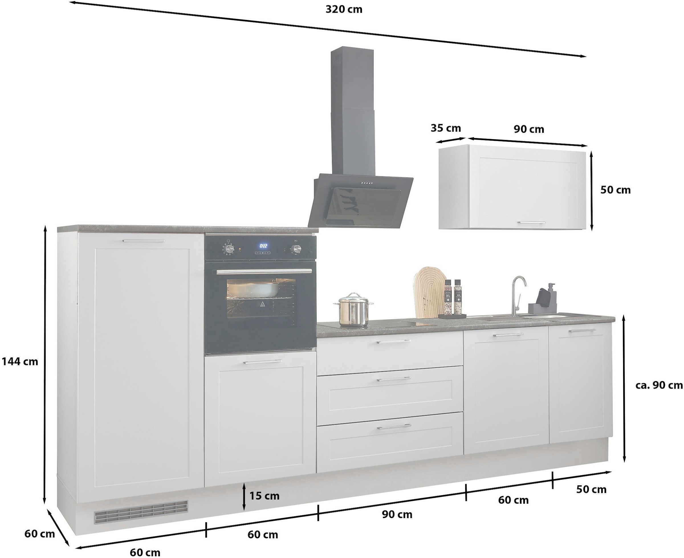 BASIC by Balculina Küchenzeile »Marsi«, Breite 320 cm, höhenverstellbare Füße, mit Soft-Close-Funktion