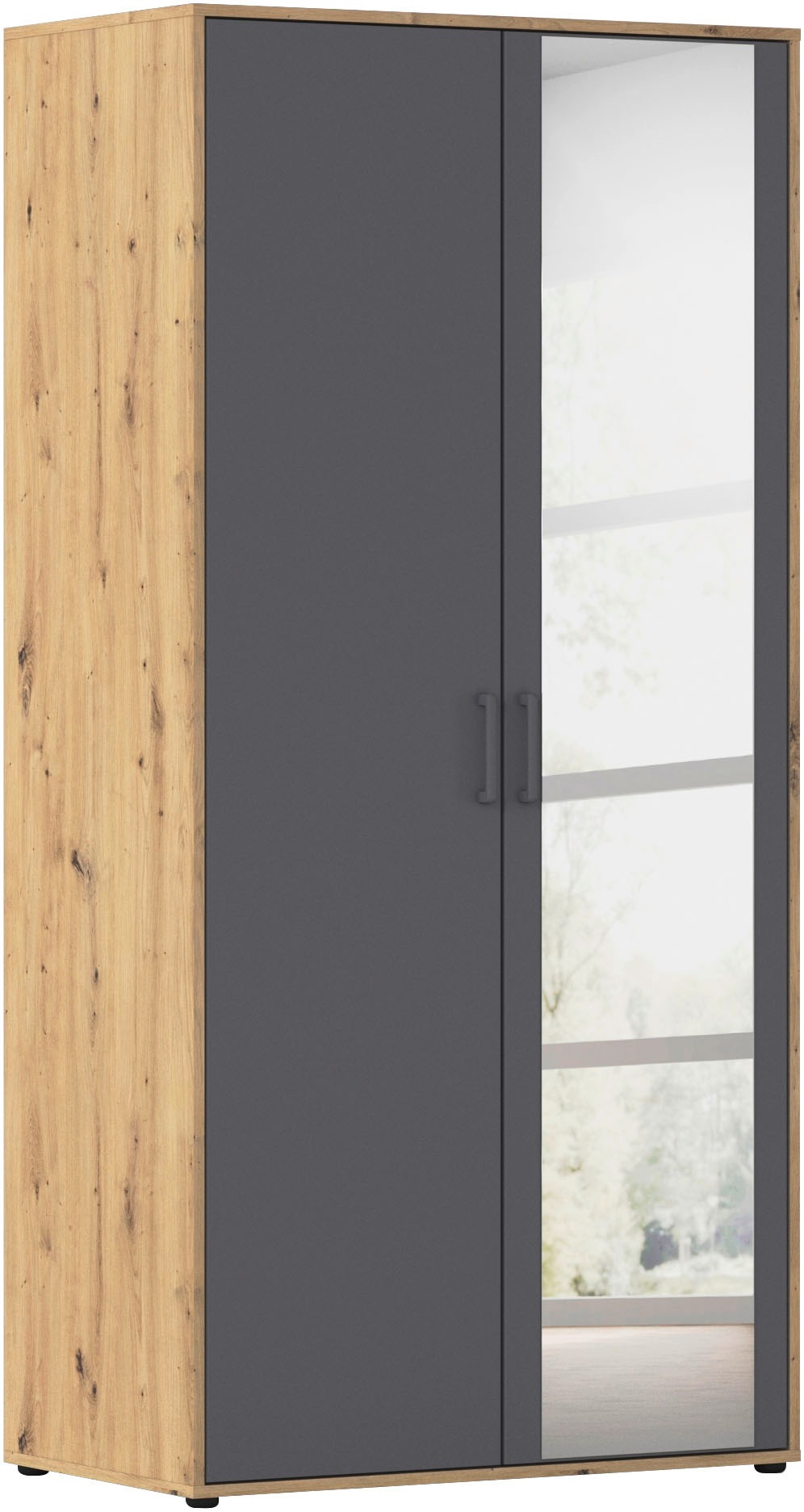 rauch "Kleiderschrank Schrank Garderobe Wäscheschrank VOYAGER" in 3 verschiedenen Ausstattungen BASIC/CLASSIC/PREMIUM, mit modernen Griffen in Graumetallic und Spiegel