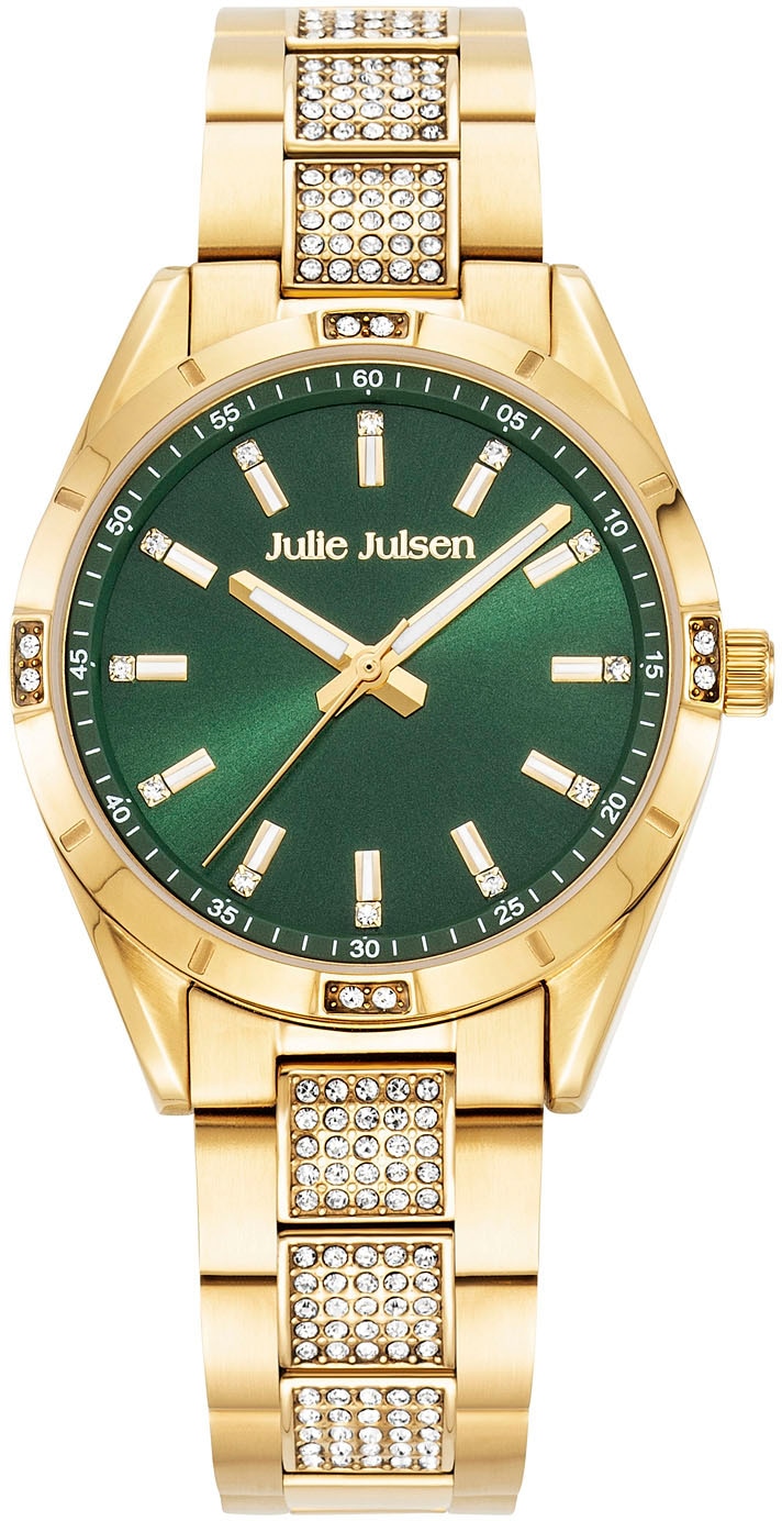 Julie Julsen Quarzuhr »Julie Julsen Sport Gold Smaragd, JJW3105YGM«, Armbanduhr, Damenuhr, Glitzer, Zirkonia-Steine, PVD-beschichtet
