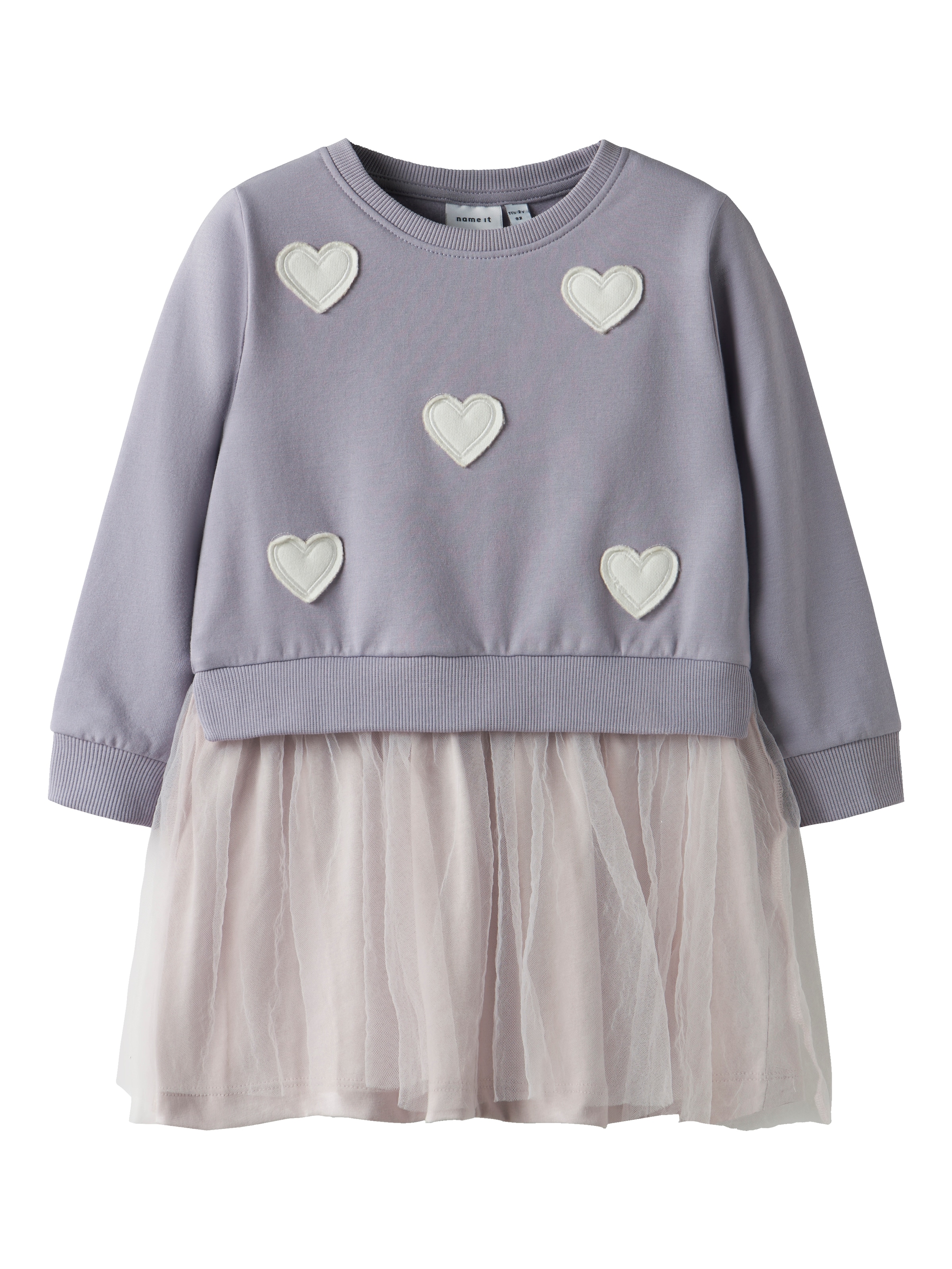 Minikleid NAME IT "NMFBIANJA SWEAT DRESS BRU", Mädchen, Gr. 110, N-Gr, lavender gray, angeraute Sweatware;Tüll, Obermaterial: 95% Baumwolle, 5% Elasthan, bestickt, unifarben, normal, Rundhals, Rippbündchen, Kleider Minikleid