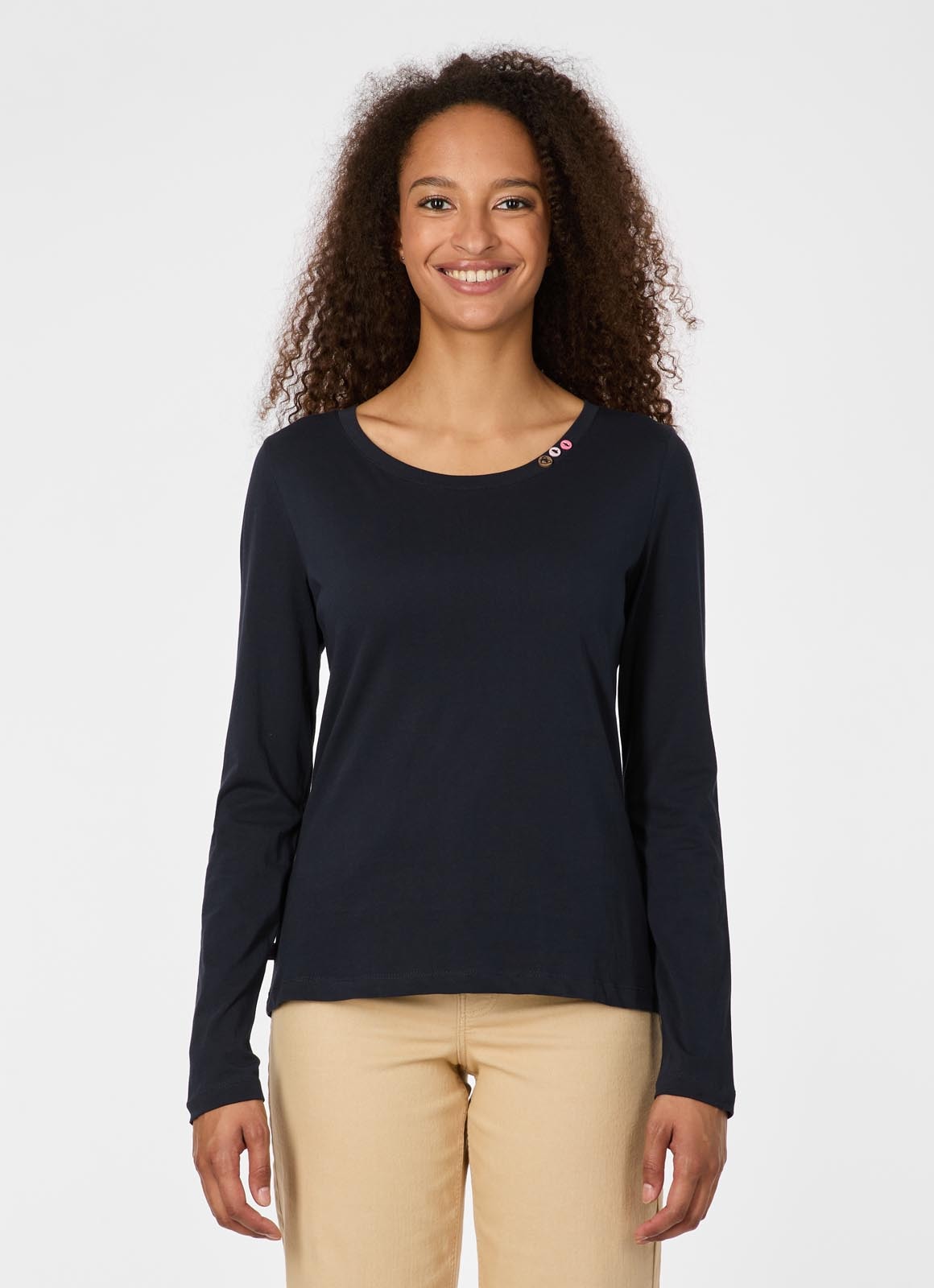Langarmshirt RAGWEAR "FLLORAH LONG GOTS", Damen, Gr. M, navy, Jersey, Obermaterial: 100% Baumwolle, unifarben, normal, Rundhals, Shirts Langarmshirt, Bestseller aus Single Jersey mit softem Finish und Knöpfen