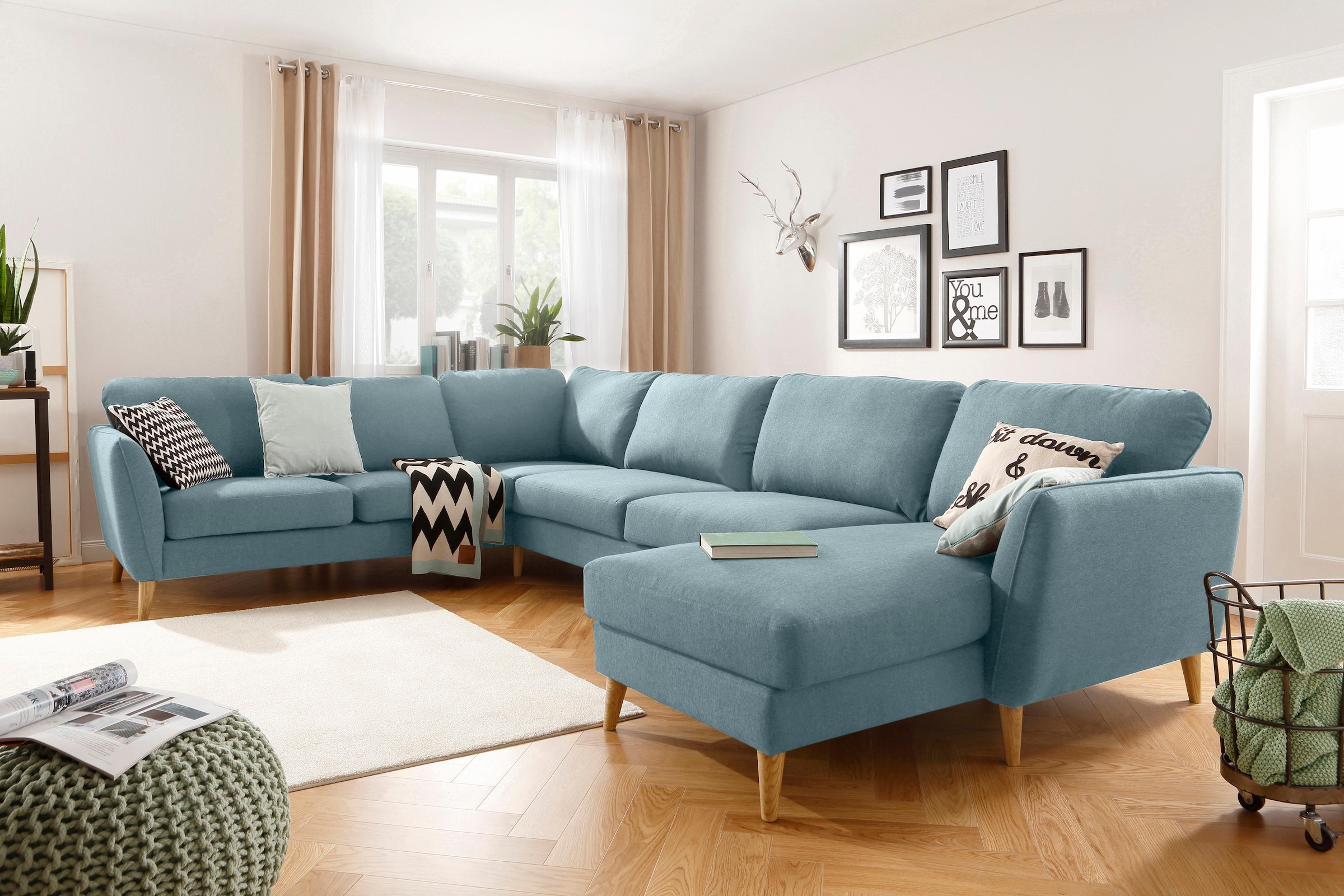 Home affaire Wohnlandschaft »MARSEILLE XXL 349cm, U-Form, Ottomane rechts/links wählbar«, Massivholzbeine aus Eiche, In verschieden Bezügen und Farbvarianten